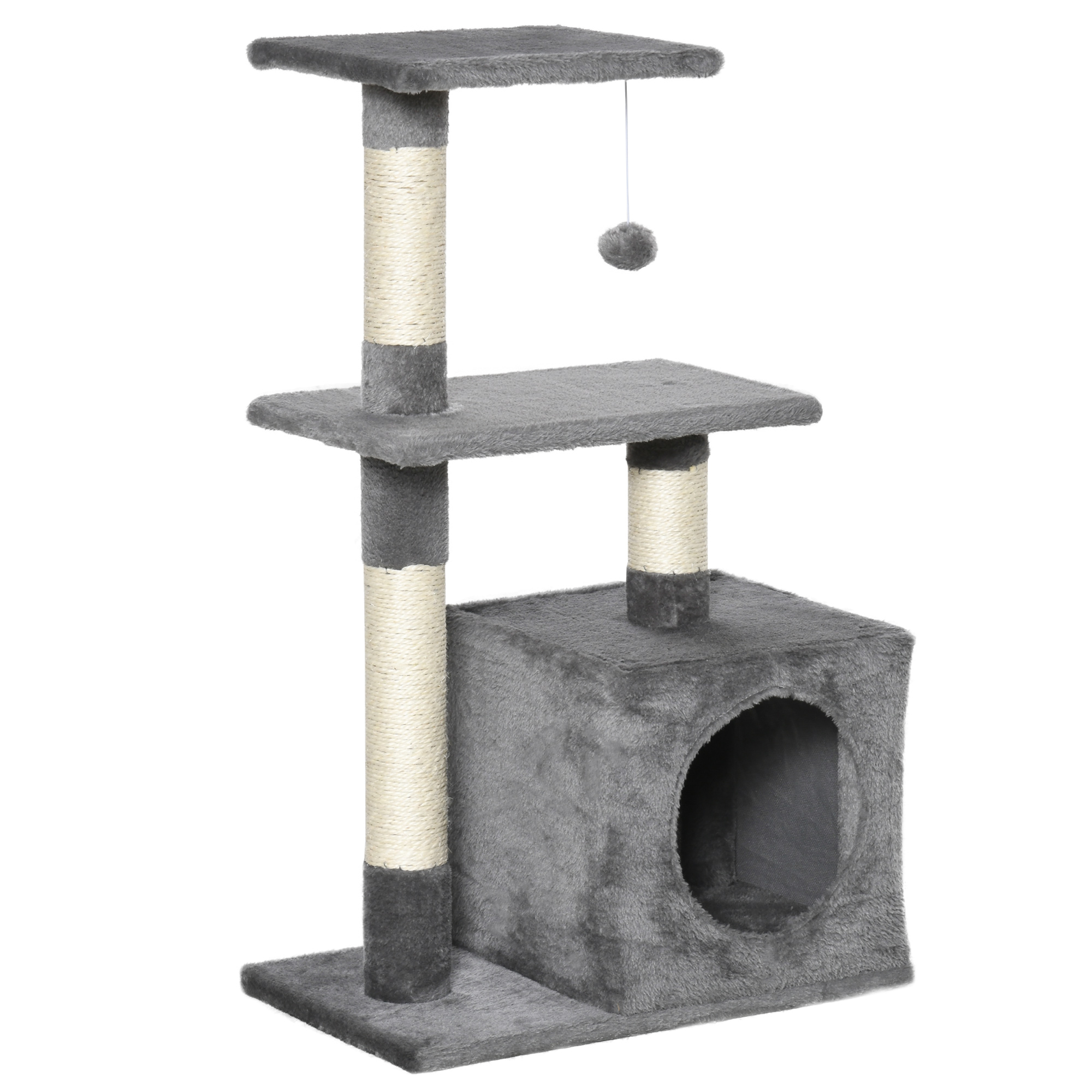 PawHut Árbol Rascador para Gatos 81,5 cm Torre para Gatos con Postes de Sisal 2 Plataformas Cueva y Bola Colgante Estilo Elegante 50x30x81,5 cm Beige