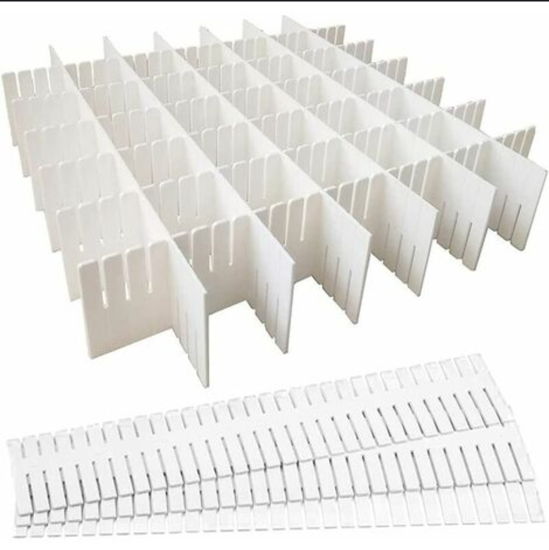TK Pack Laminas 3 paquetes x 3 unidades. Separadores de cajones ajustables con hebilla fija, color blanco 42.3x 6,5cm, organizador de cajones,armarios recortables para calcetines, ropa interior, maquillaje, cocina,baño, tocador