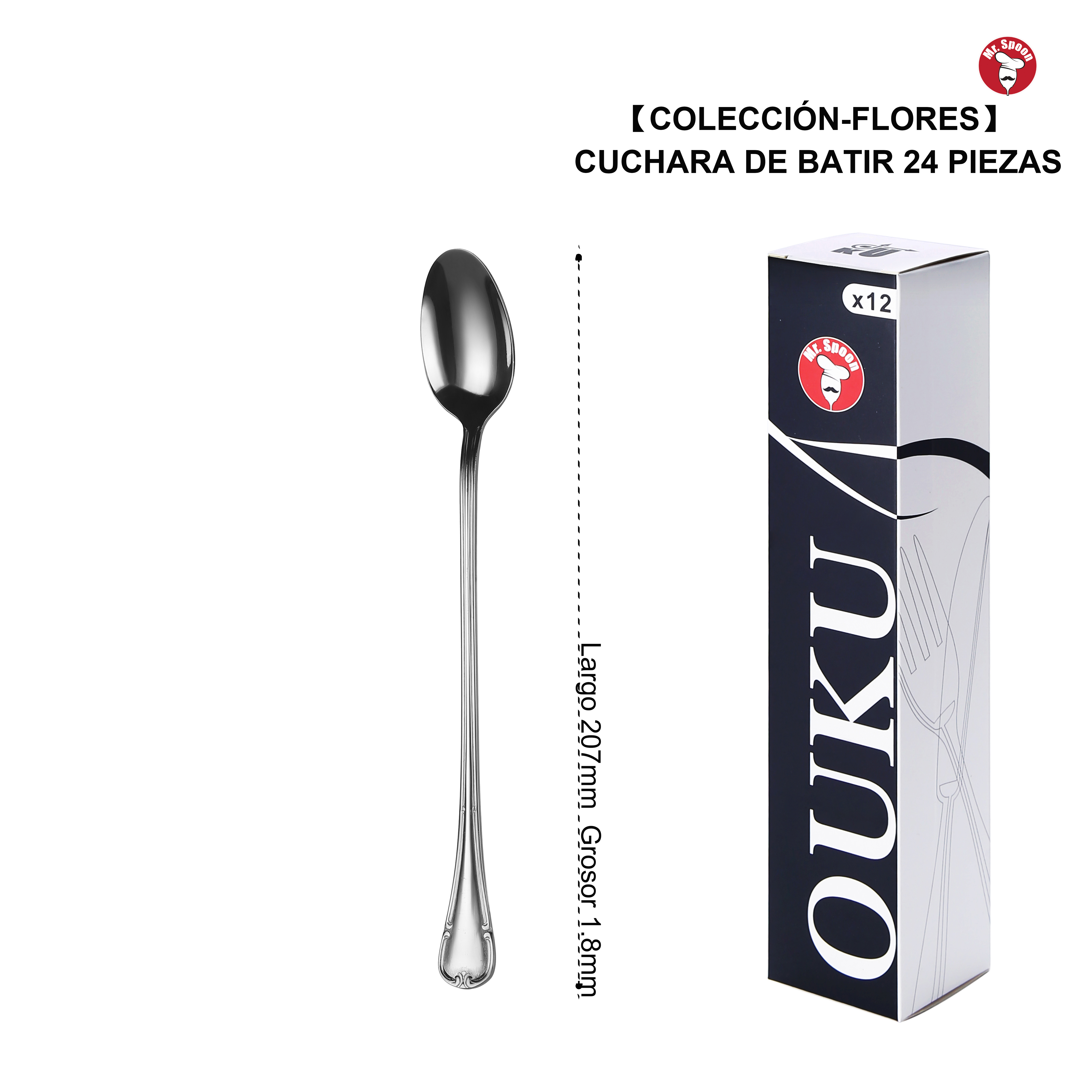 Mr.Spoon Serie Flores Cucharas de 12, 24, 48 o 120 piezas,Acero inoxidable 18/0,Plateado,Económico y funcional,Cuchara de helado largo 145mm,Cuchara de batir 207mm,Mango monobloque,Apto para lavavajillas,Empaque ecológico,Ideal para casa,hotel,restaurante