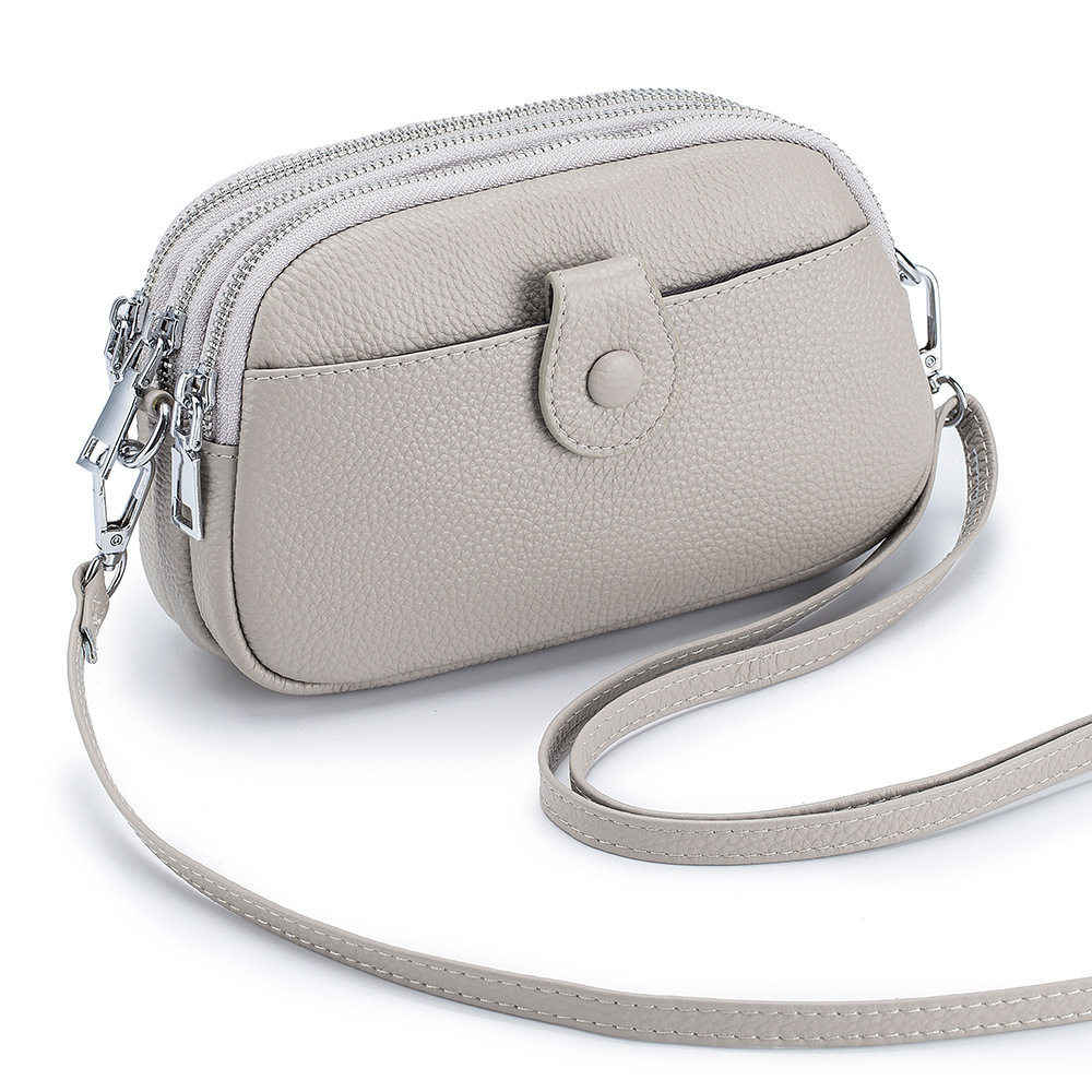 Bolso bandolera pequeño de piel auténtica para mujer, 3 compartimentos con cremallera, 1 bolsillo frontal