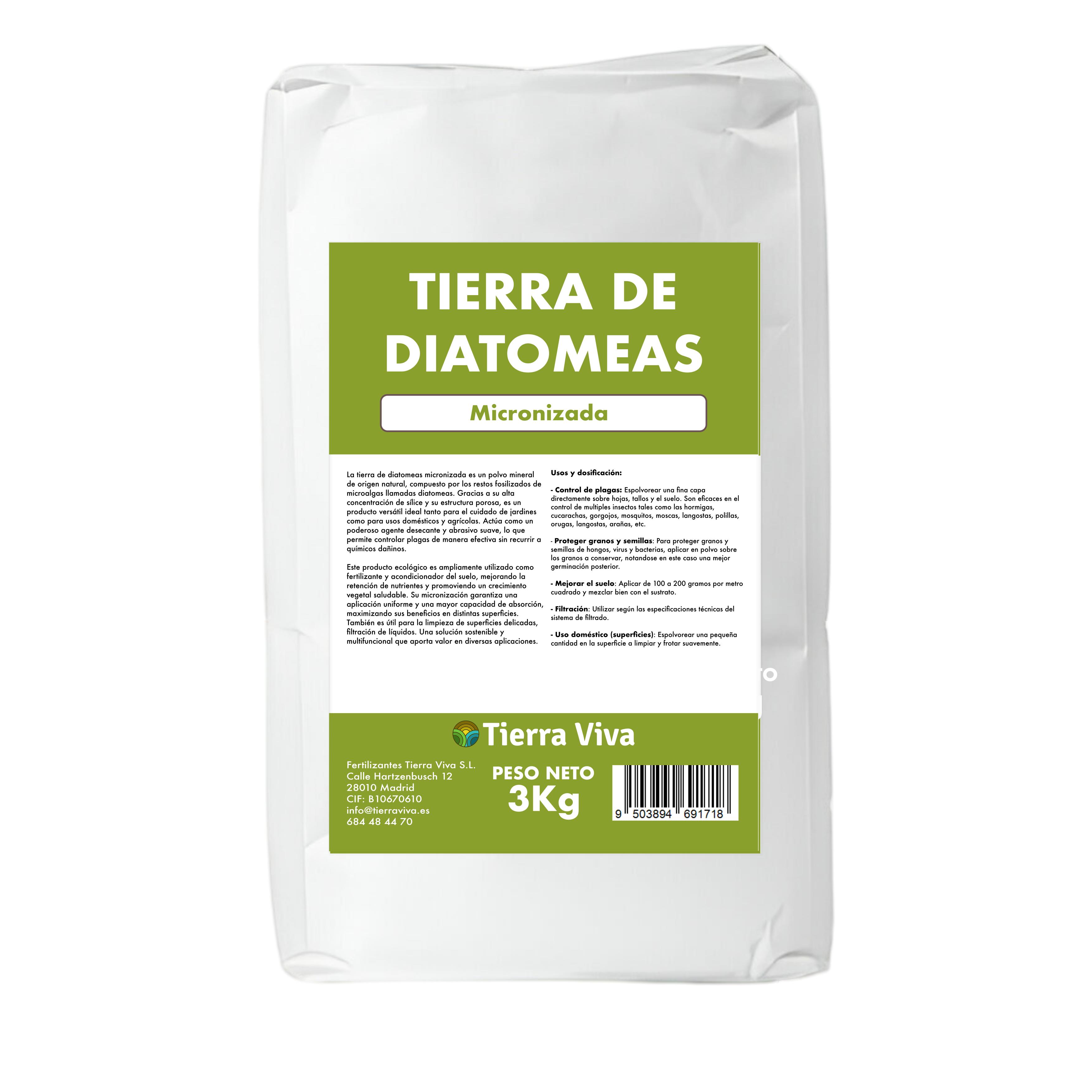 Tierra de diatomeas micronizada 3Kg - Sin Aditivos - Grado alimenticio E-551C  - Fertilizante 100% Ecológico - No calcinada