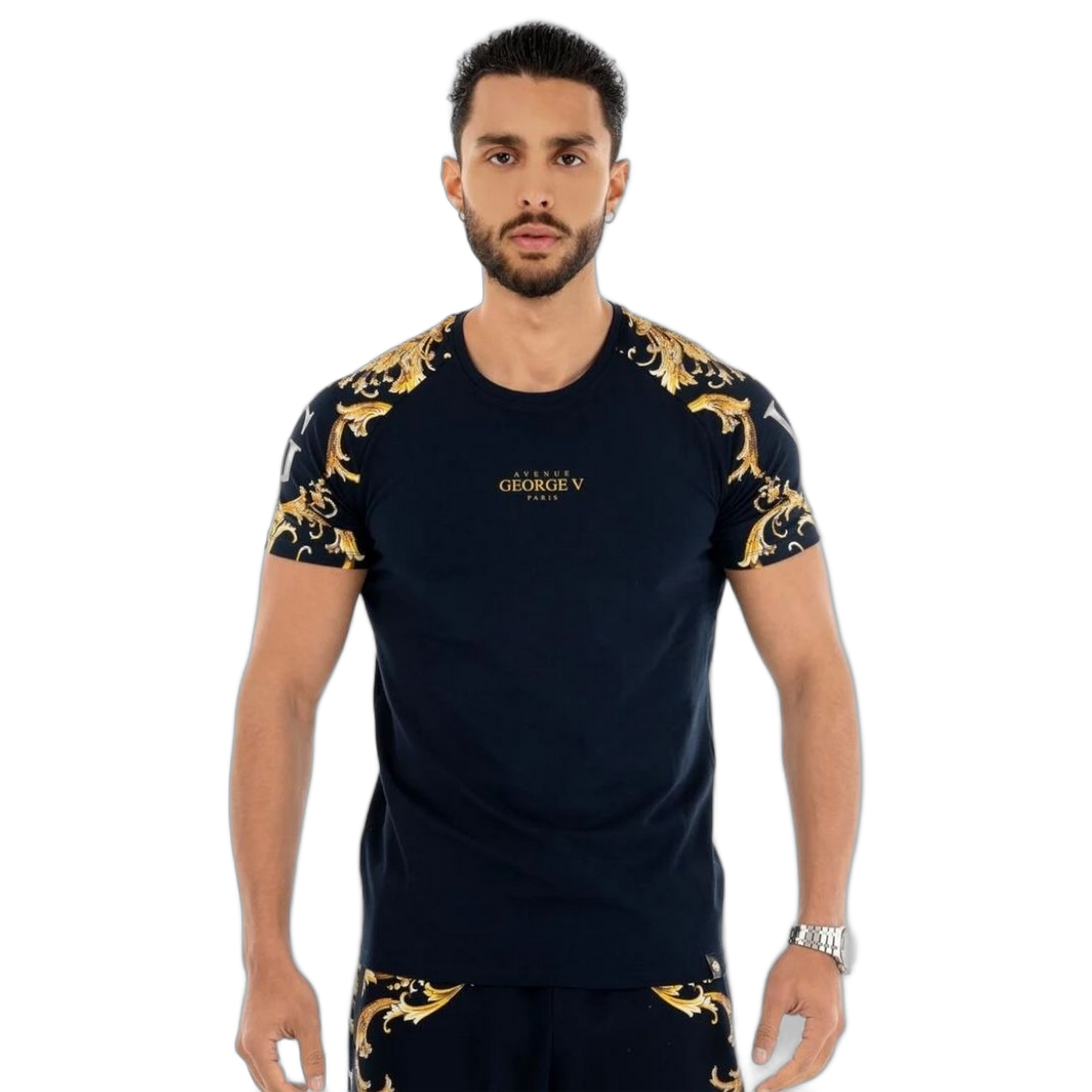 Conjunto George V Paris Flores Nostalgica Pedreria Negro Hombre Moderno, Ropa casual 90% Algodón, 10% Elastano