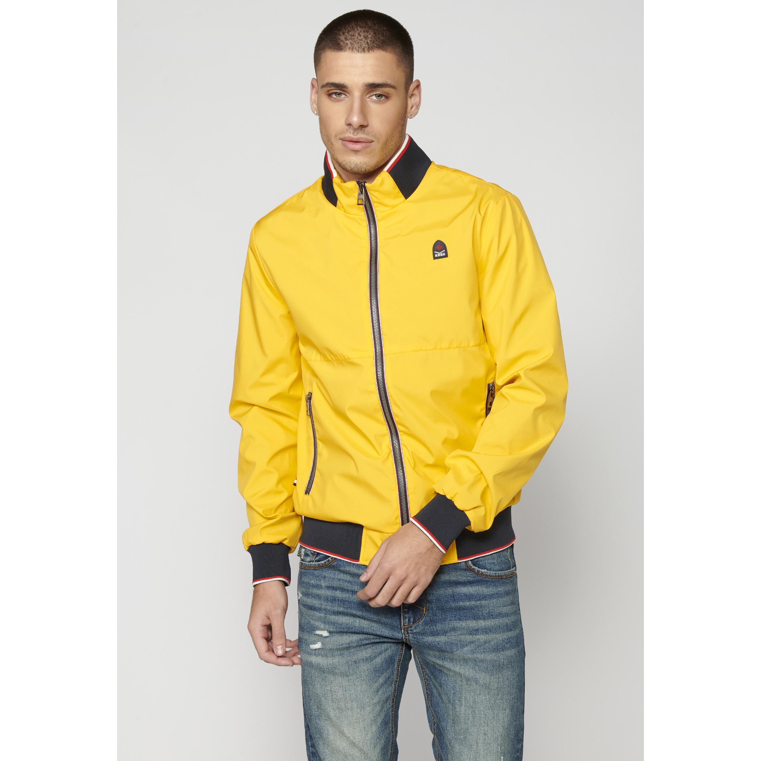 Koroshi - Chaqueta bomber hombre con cuello rib acanalado y franjas en contraste, tejido técnico 100% poliéster, estilo urbano y retro para uso diario