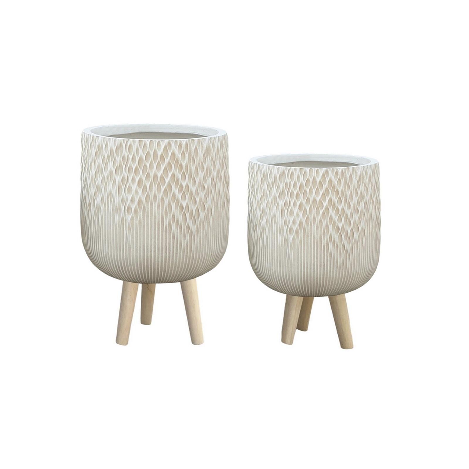 Macetero fibrocemento decorado lobul y rayas vertical blanco con pie 30dx45 set de 2 30x45 cm, color beige Fijalo