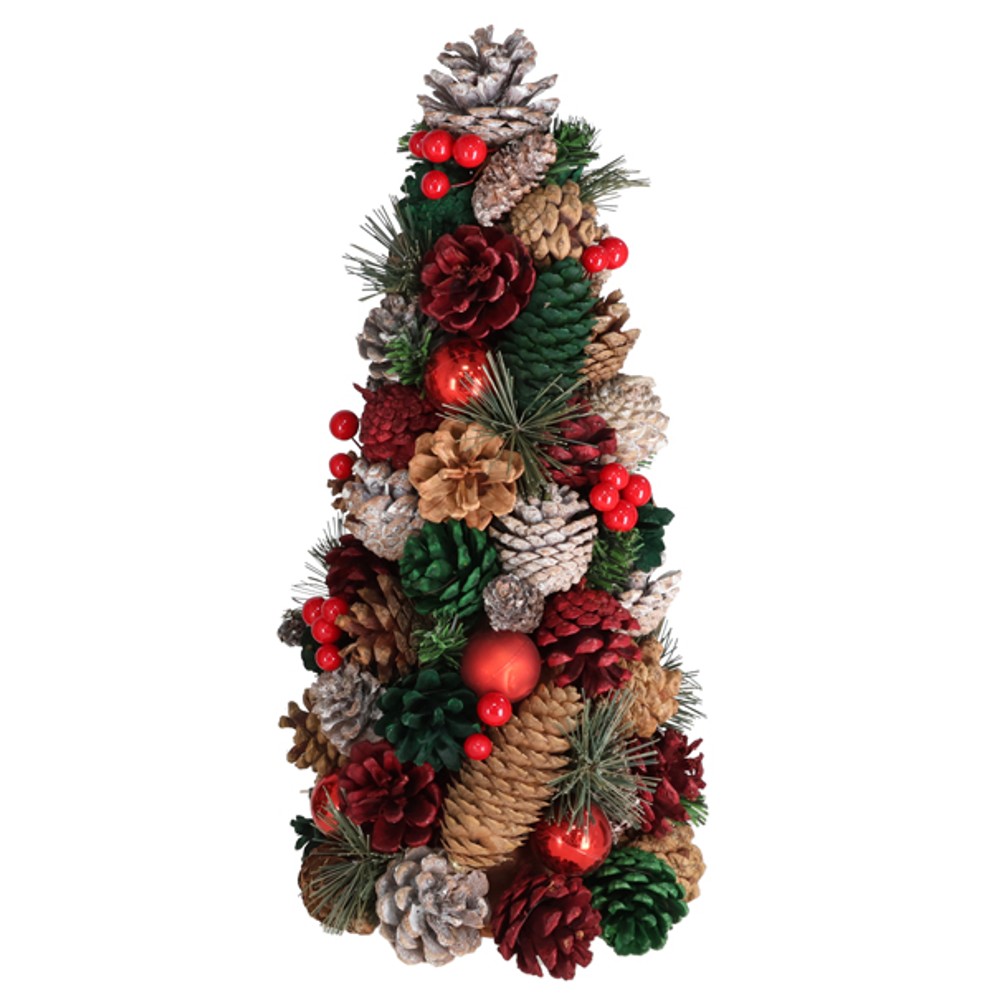 Árbol de Navidad de Piñas Decorado 33 cm – Colores Rojo, Plata y Oro - Gerimport