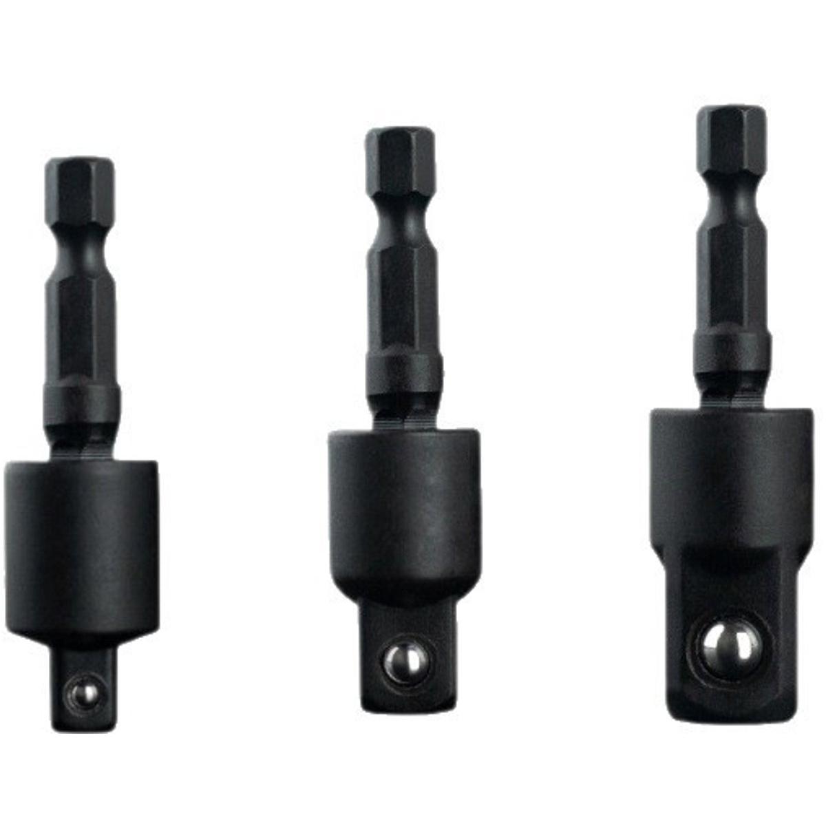 Juego de 3 adaptadores para destornillador neumático de 360 grados con mango hexagonal y cabezal cuadrado giratorio (1/2, 3/8 y 1/4 de pulgada, color negro).