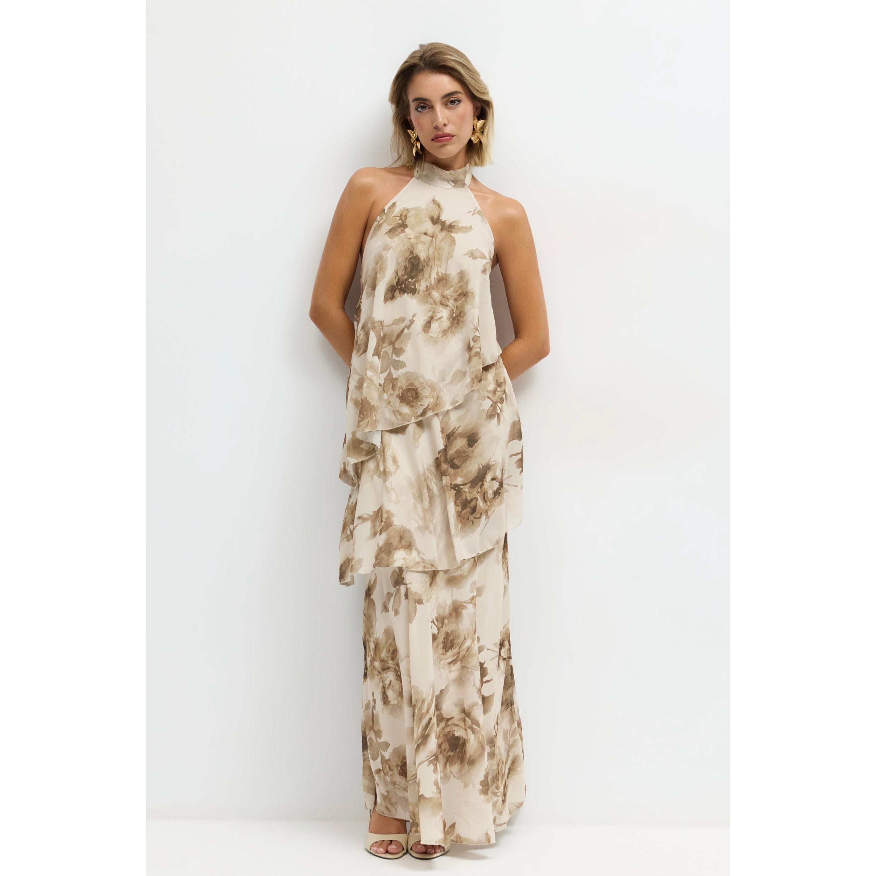 Vestido Largo Fiesta Chiffon Estampado Floral Cuello Halter Espalda Descubierta - Elegante diseño fluido en capas asimétricas ideal para bodas, eventos y celebraciones especiales. Estilo sofisticado, fresco y femenino. Disponible en varios colores.
