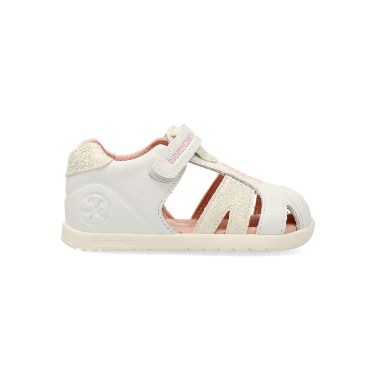Biomecanics - Sandalias biogateo para niña con puntera y talón reforzados, cierre adherente y diseño infantil estampado, color blanco