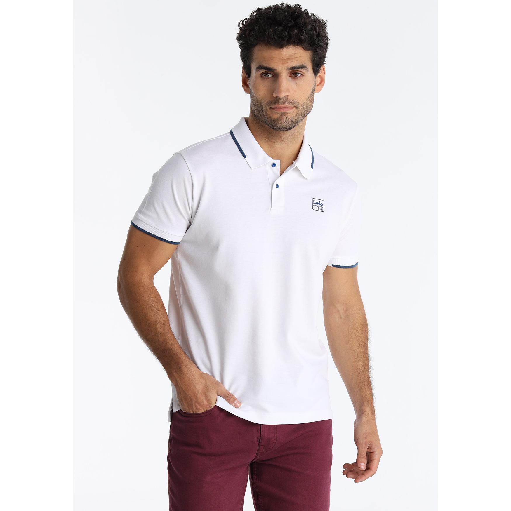 LOIS JEANS - Polo de Piqué Blanco con Detalles de Franjas en Cuello