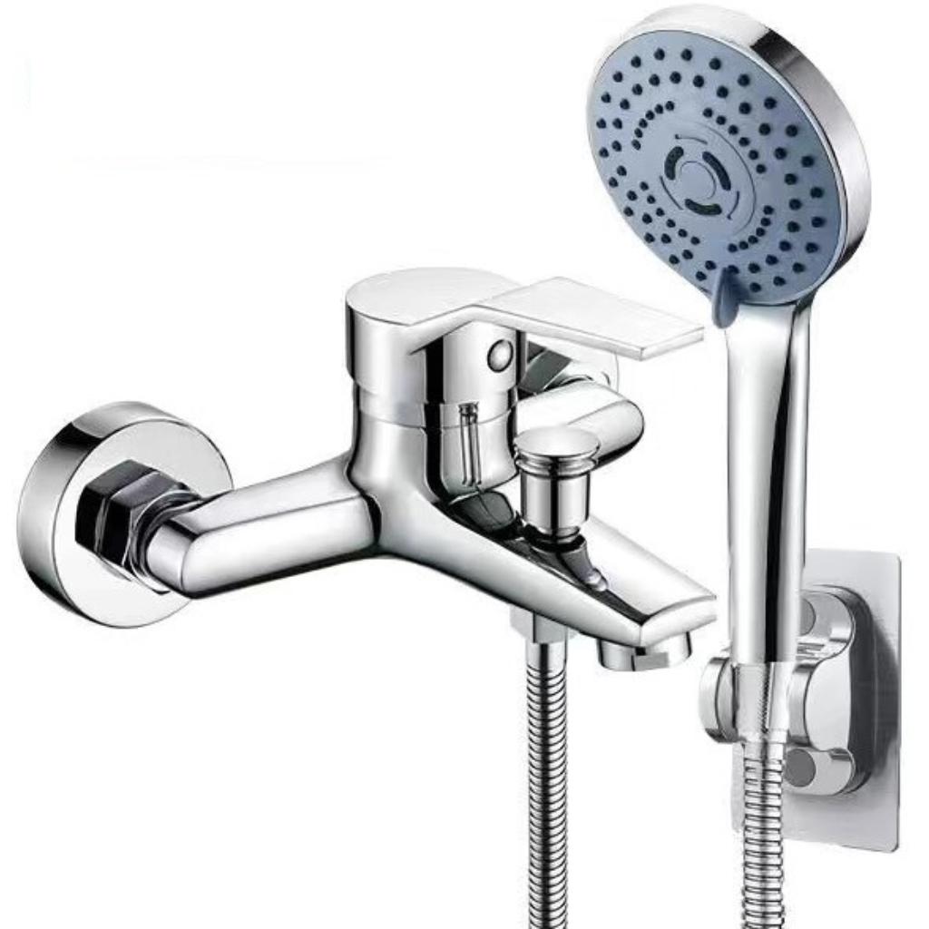 Om Home Grifo de bañera con ducha de 5 funciones, grifo de bañera cromado con soporte de pared y manguera de ducha de 150 cm para ducha de baño, Griferia para Baño Completo