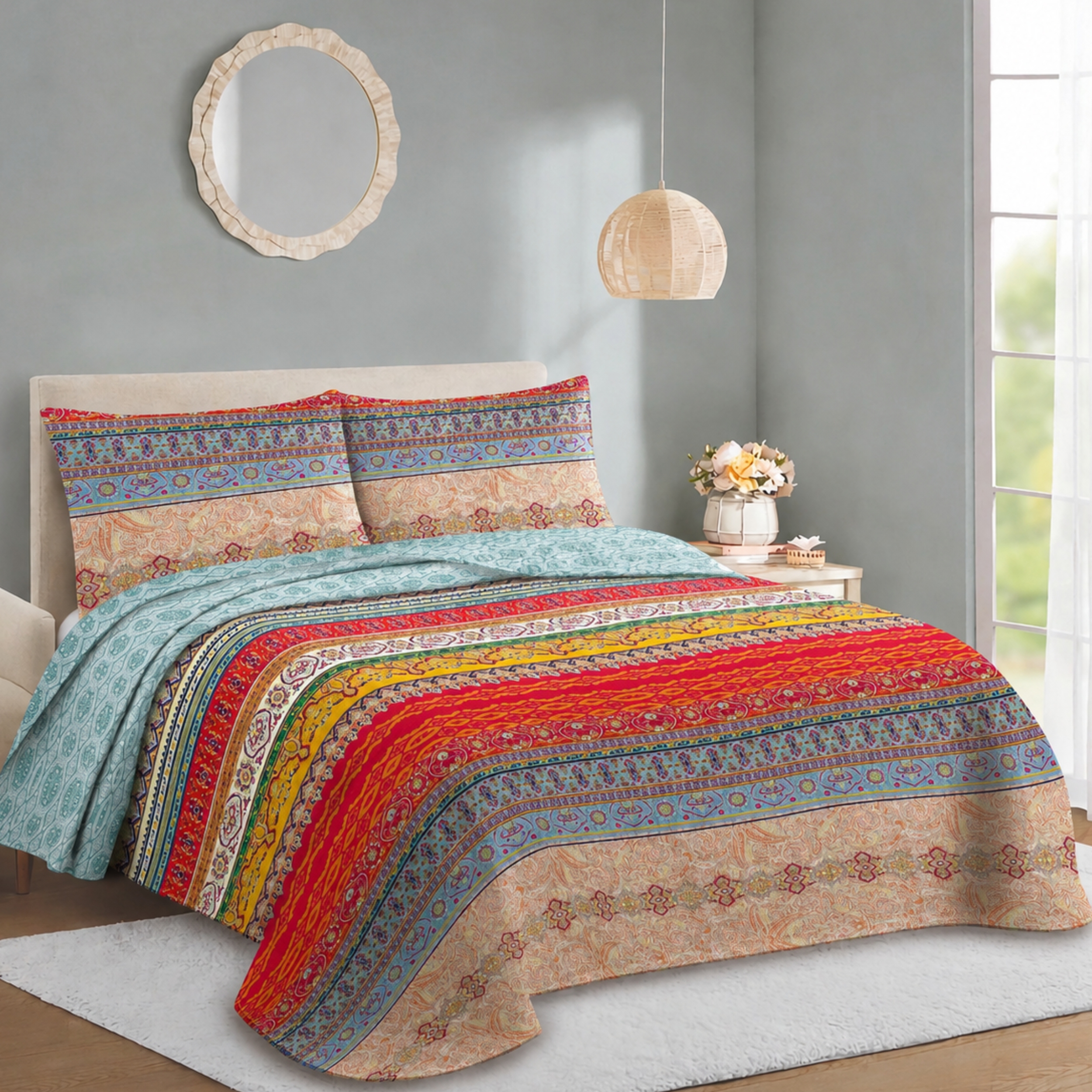 Novotextil Colcha Bouti Estampada Microfibra 100% | Colcha de Verano y Entretiempo Ligera y Transpirable | Cubrecama Reversible con 1 o 2 Fundas de Almohada | Cama 90, 105, 135, 150, 180 y 200