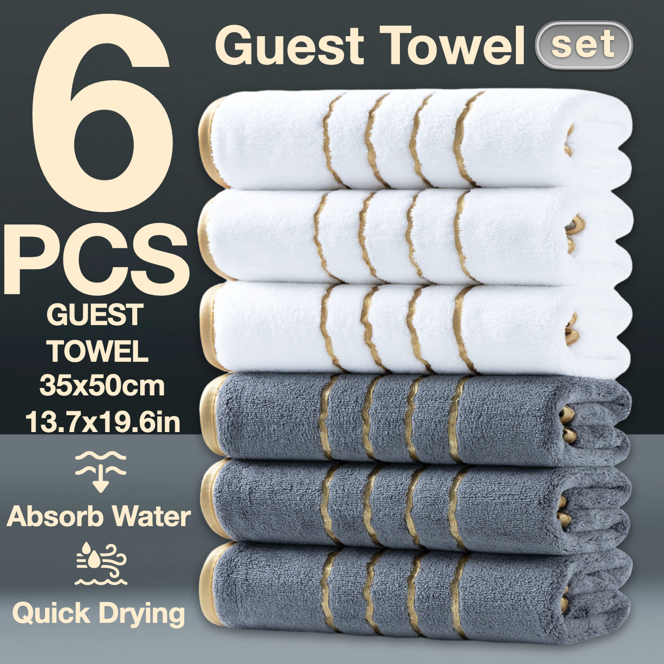 Paquete de 6 toallas de coralina ultrasuaves – No sueltan pelusa, suaves con la piel, absorbentes y de secado rápido--Hilo dorado, 35 × 50 cm, paquete de 6