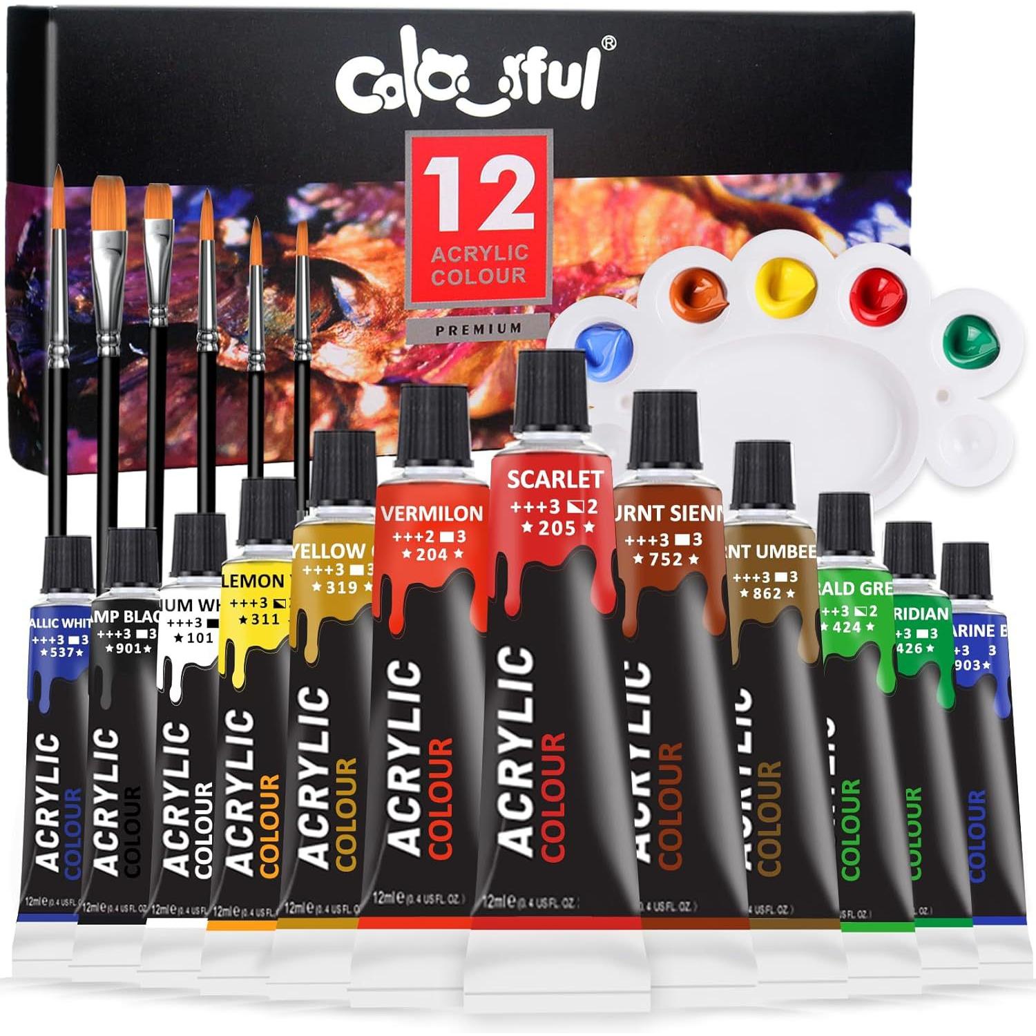 Pintura acrílica en set de 12, 24 o 36 colores (12ml) – Kit para pintura manual, DIY, resistente al agua – Presentación en caja