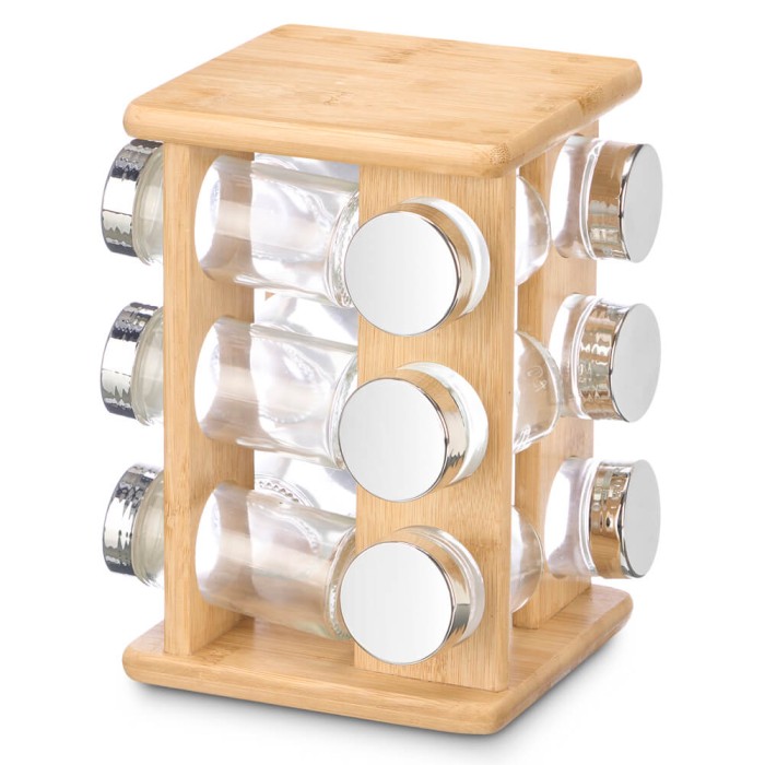 Especiero giratorio de bambu 12 botes - Organizador de Especies - Especiero de cocina - Estantes de madera ideal para el Hogar - Acero Inoxidable - Color Madera - Armario para Condimentos