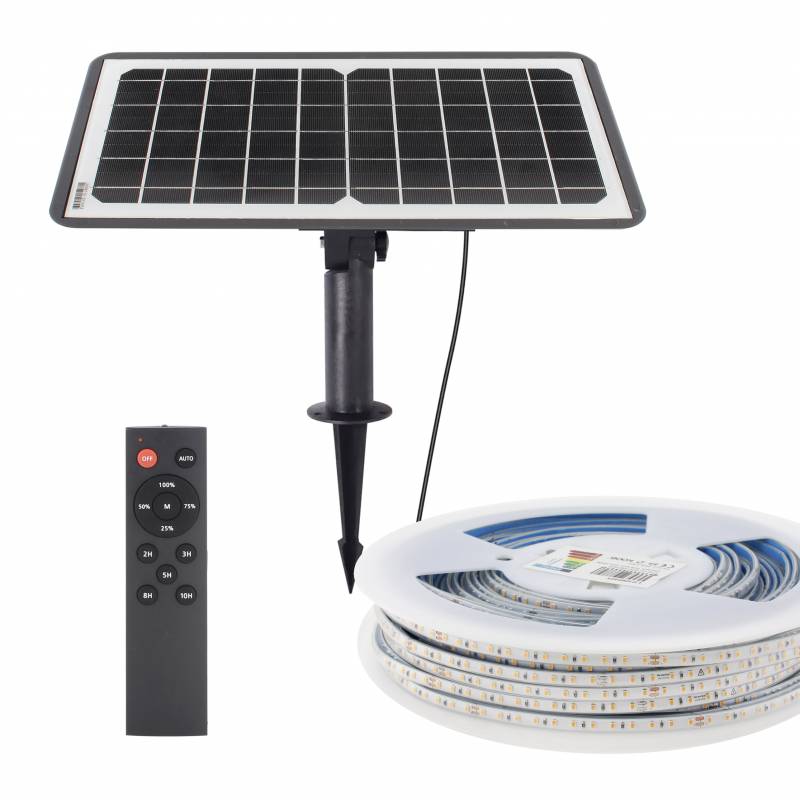 LEDBOX Kit Solar de Tira Led 3.2V-12AH, 180º, IP65, 20 metros, Blanco cálido. Tiras LED y Neones, Tiras Led 12V-24V DC