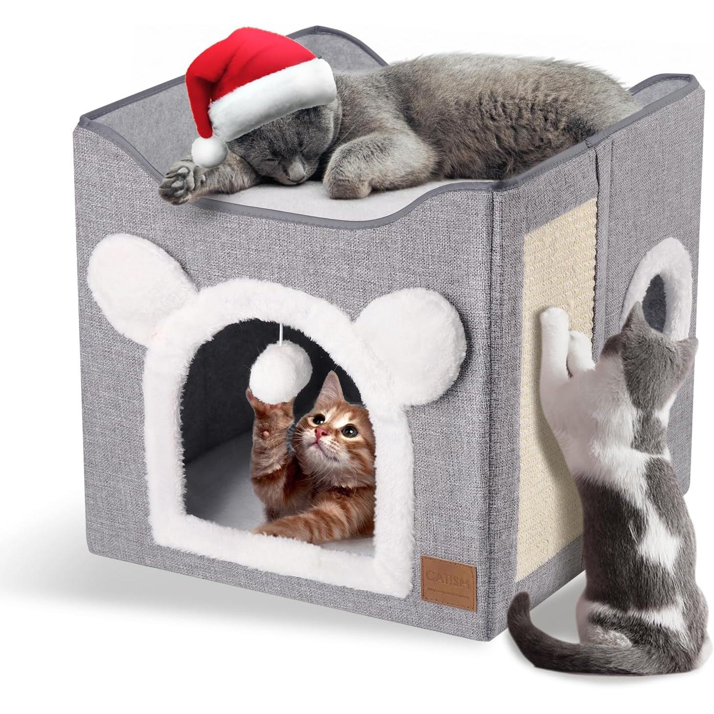 Casa plegable para Gatos, Cueva para Gatos de 2 Capas, Espacio Grande, Cama para Gatos with tabla para Rasa y pelota de juego para mascotas, Descanso interior 40x40x35