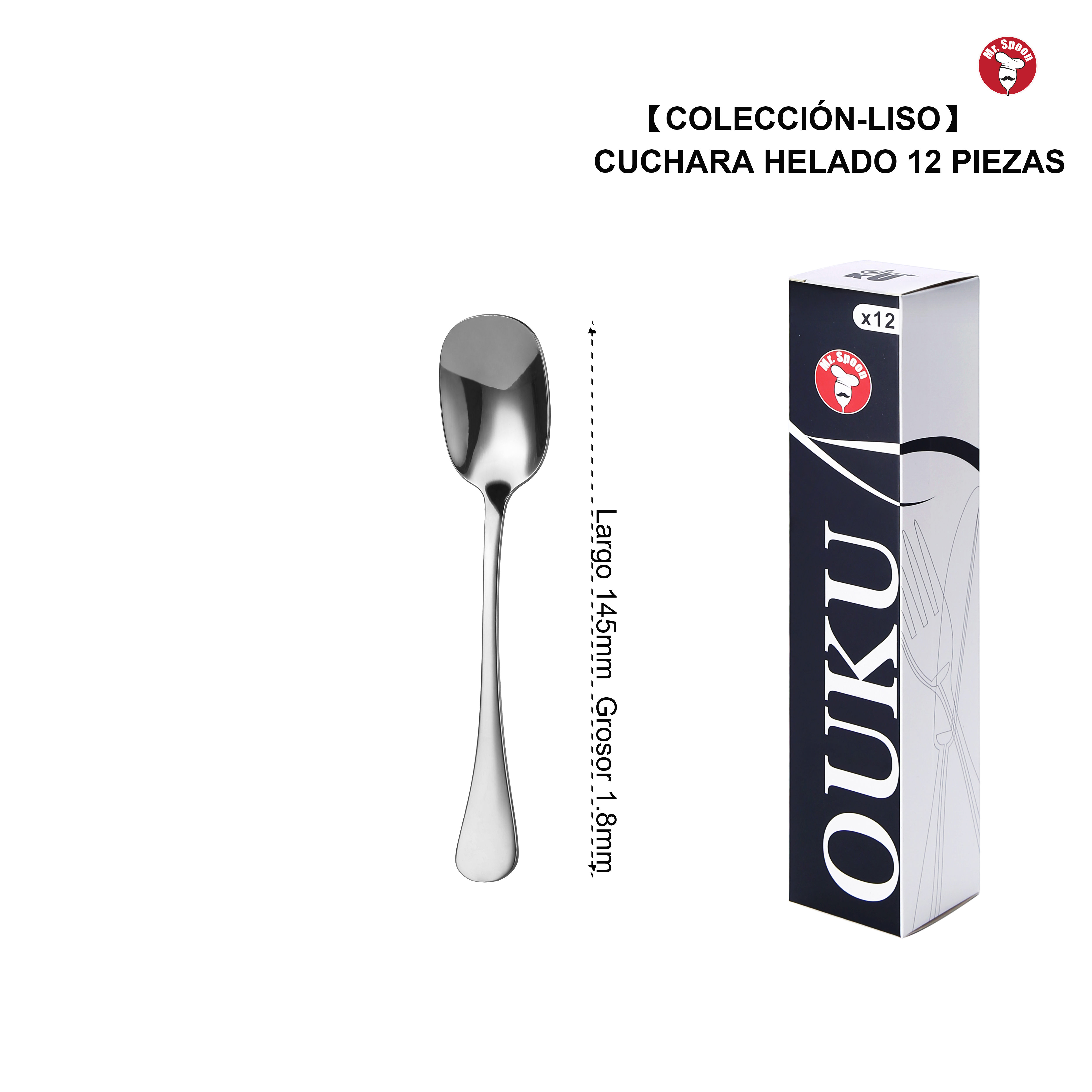 Mr.Spoon Serie Liso Cucharas de 12, 24, 48 o 120 piezas,Acero inoxidable 18/0,Plateado,Económico y funcional,Cuchara de helado largo 145mm,Cuchara de batir 207mm,Mango monobloque,Apto para lavavajillas,Empaque ecológico,Ideal para casa,hotel,restaurante
