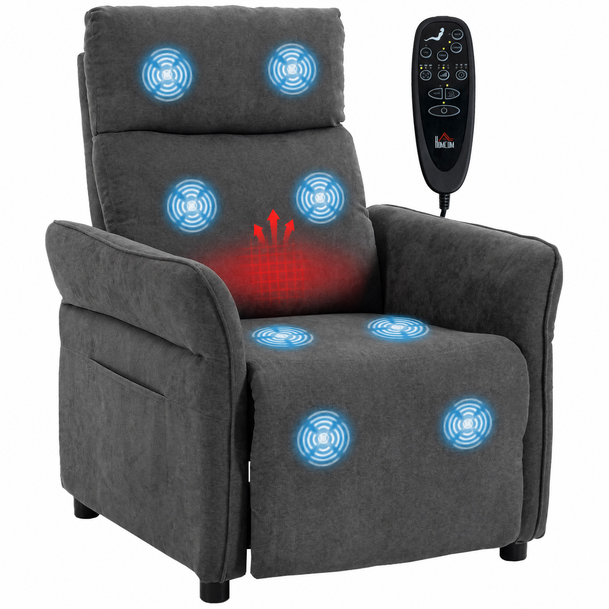 HOMCOM Sillón de Masaje, Sillón Relax Reclinable 135° Manual, Calor Lumbar, Mando a Distancia, Reposapiés, 8 Zonas de Masaje, Reposabrazos Ajustables, Asiento Muelles, Bolsillos, Tapizado Rizo
