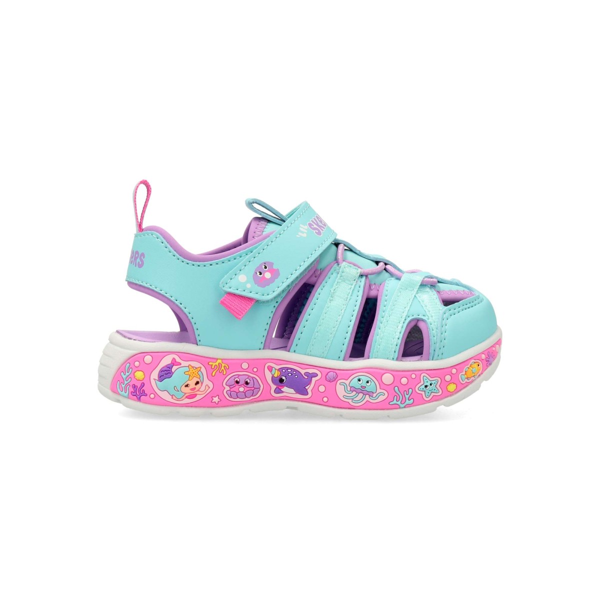 Skechers - Sandalias deportivas Play Scene Splash para niña, lavables a máquina con correa ajustable y suela amortiguada con diseños temáticos del océano
