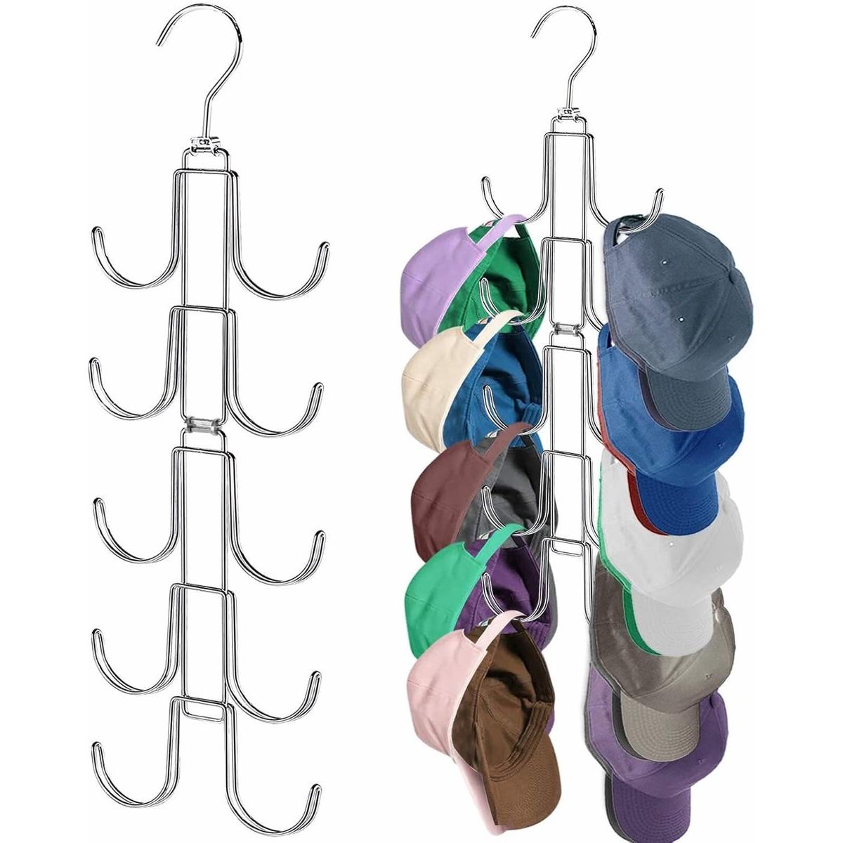 Perchero plegable para gorras - Organizador de sombreros para armario - Con 10 ganchos giratorios - Almacenamiento que ahorra espacio para hasta 40 gorras de béisbol - Percha metálica para sombreros - Plateada - Solución de organización y exhibición para