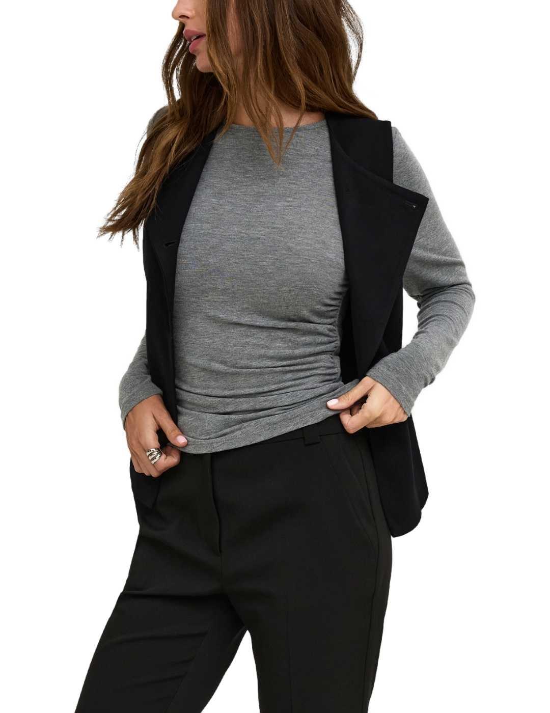 Top básico Only Glamour gris fruncido manga larga para mujer