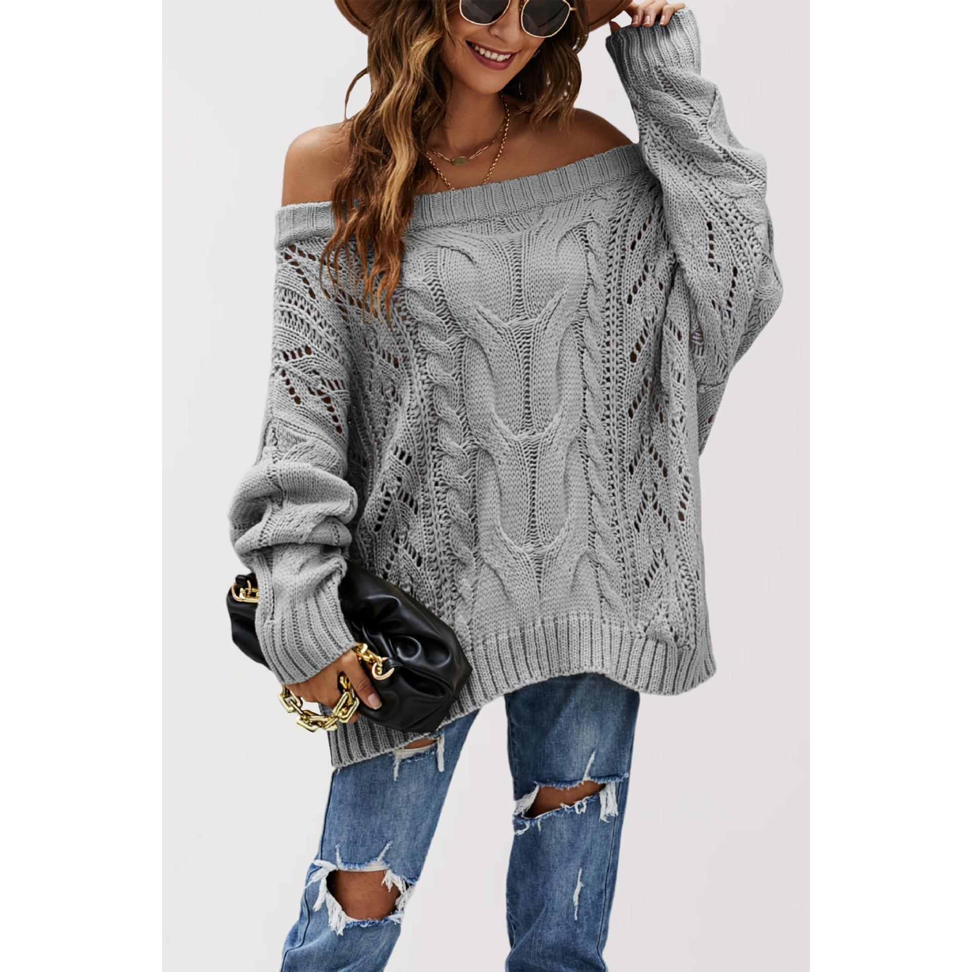 TK Suéter de punto holgado con hombros descubiertos para mujer, talla grande, color liso, para otoño e invierno