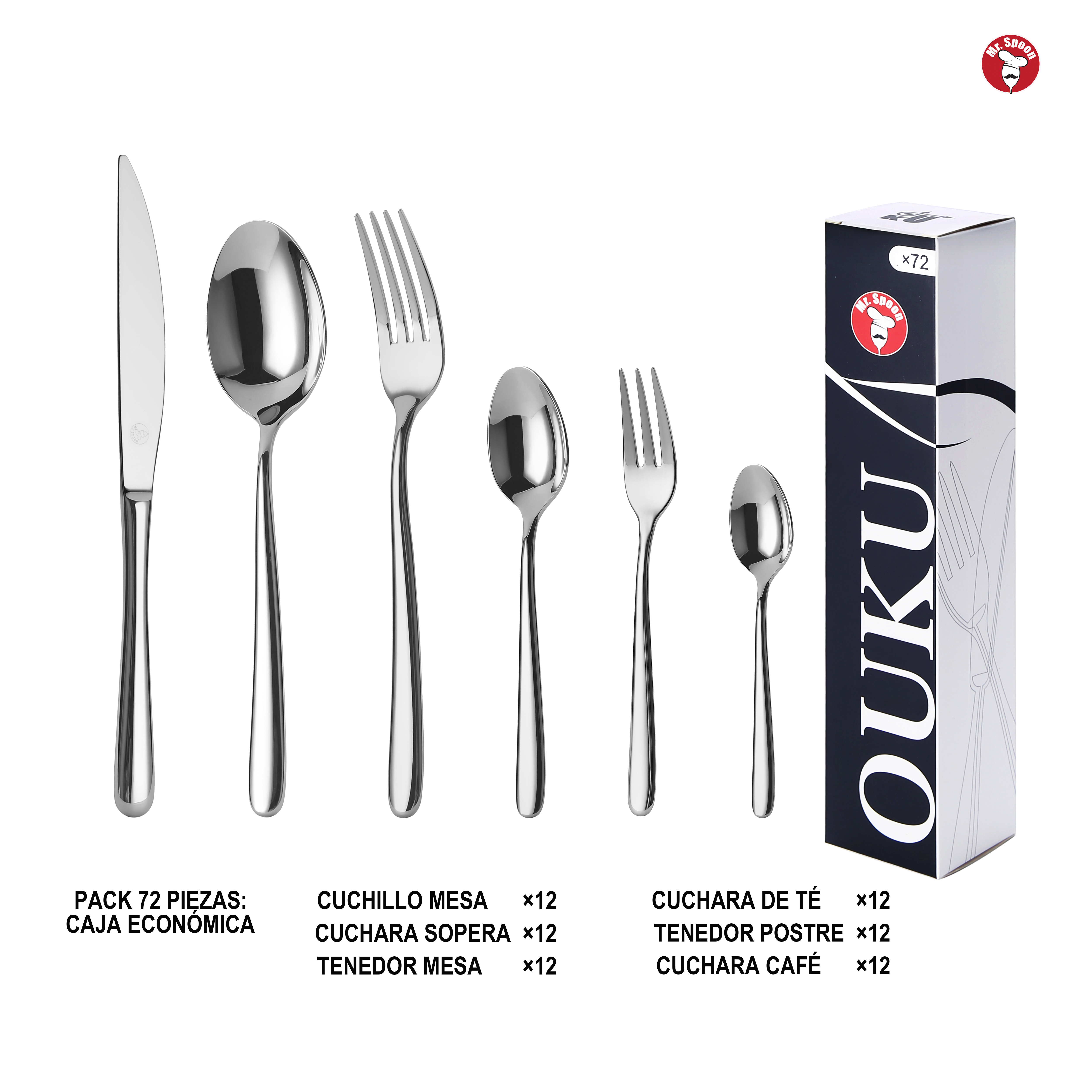 Mr.Spoon Serie Estrella Juego de 60 o 72 piezas cubiertos,Acero inox 18/10,Alta calidad y acabado,Incluye cuchillo carne o mesa,tenedor,cuchara,cucharilla,etc,Diseño moderno y elegante,Apto para lavavajillas,Caja ecológica,Para Casa,Hotel,Restaurante60521