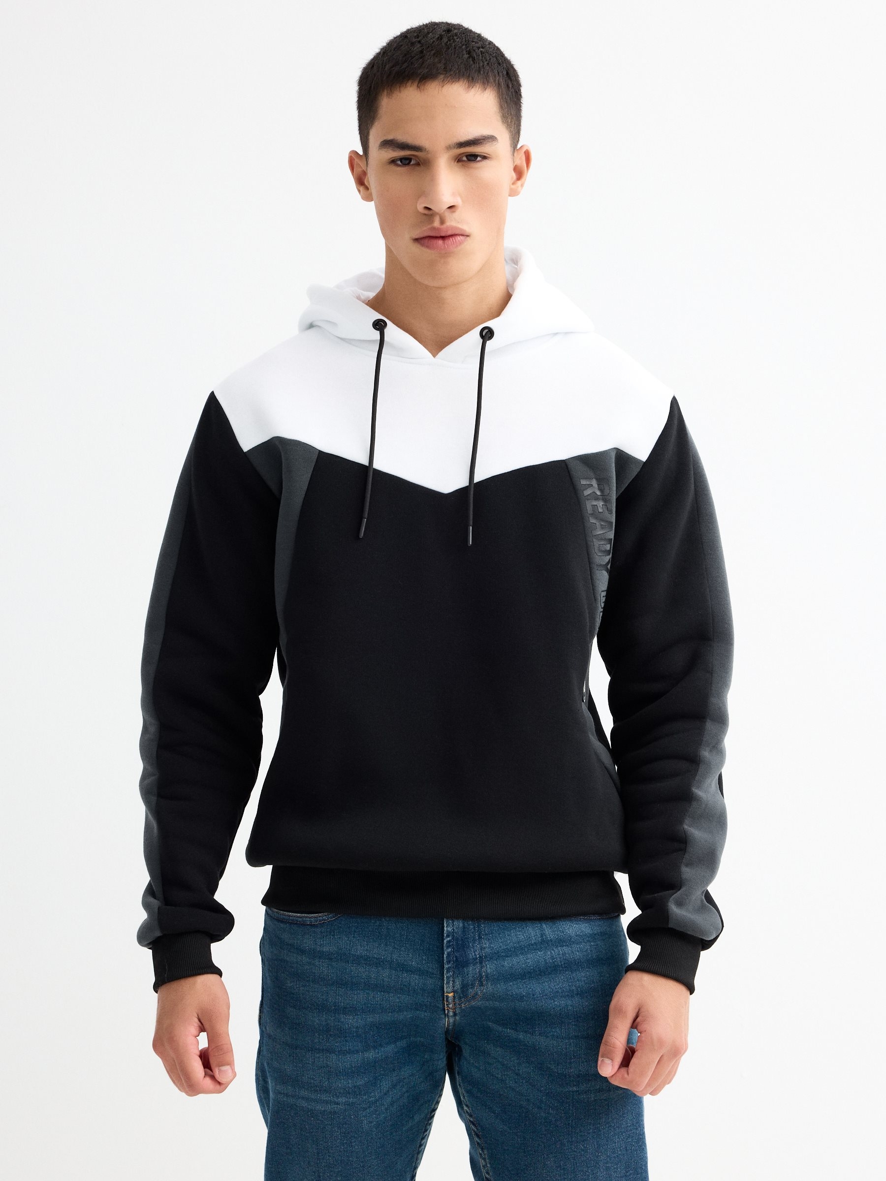 Sudadera de manga larga con capucha, confeccionada en tejido de felpa, diseño en bloques de color blanco INSIDE