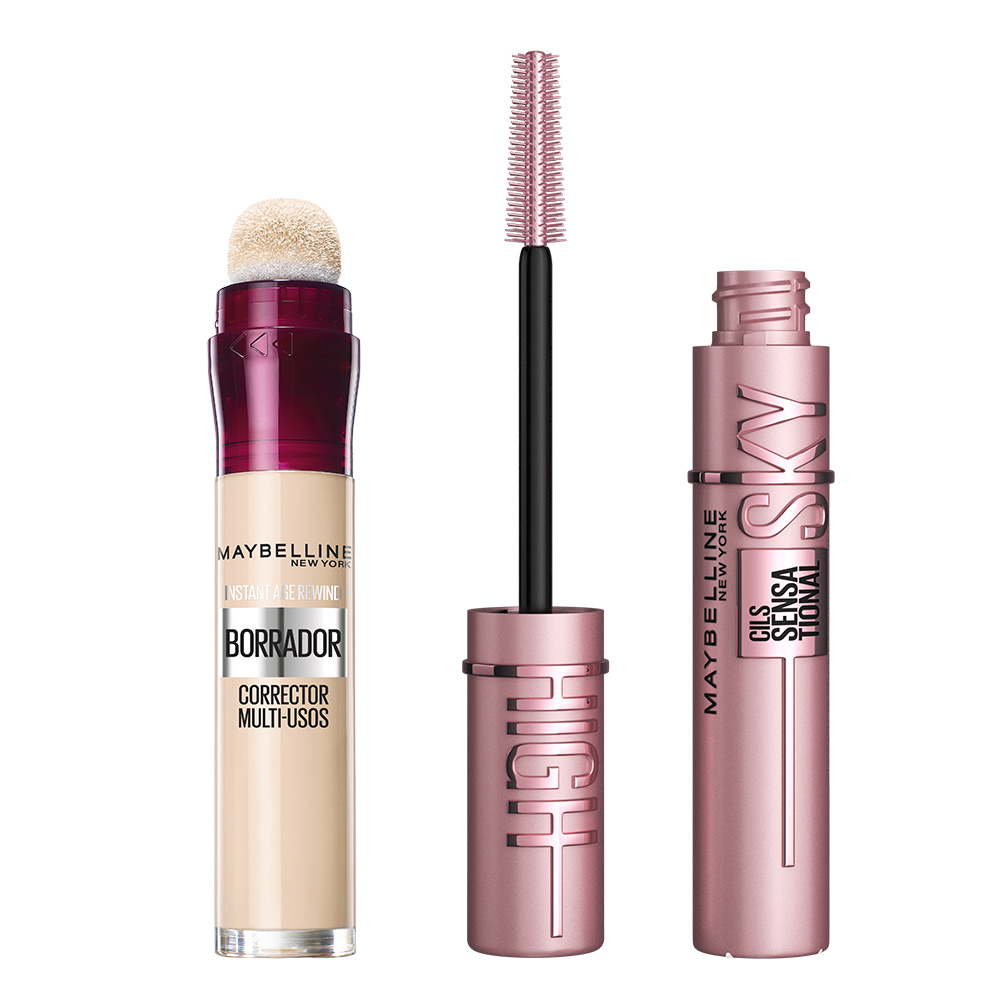 Maybelline New York | Duplo Máscara de pestañas lash sensational Sky High + Borrador Instant Age Rewind Concealer corrector ojeras tono Light
