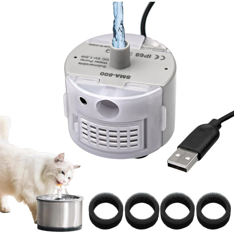 Bomba de repuesto para fuente de agua de gato de acero inoxidable de 2,5 l con elemento filtrante de repuesto de 4 piezas DC 5 V 1,5 W