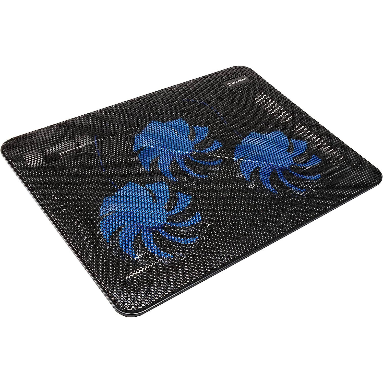 UNYKAch Base Refrigeración Portátil 15″6 Candy C300 con Tres Ventiladores LED Azules. Pies Plegables para Elevar La Superficie y 2 Puertos USB. Superficie de Rejilla Metálica
