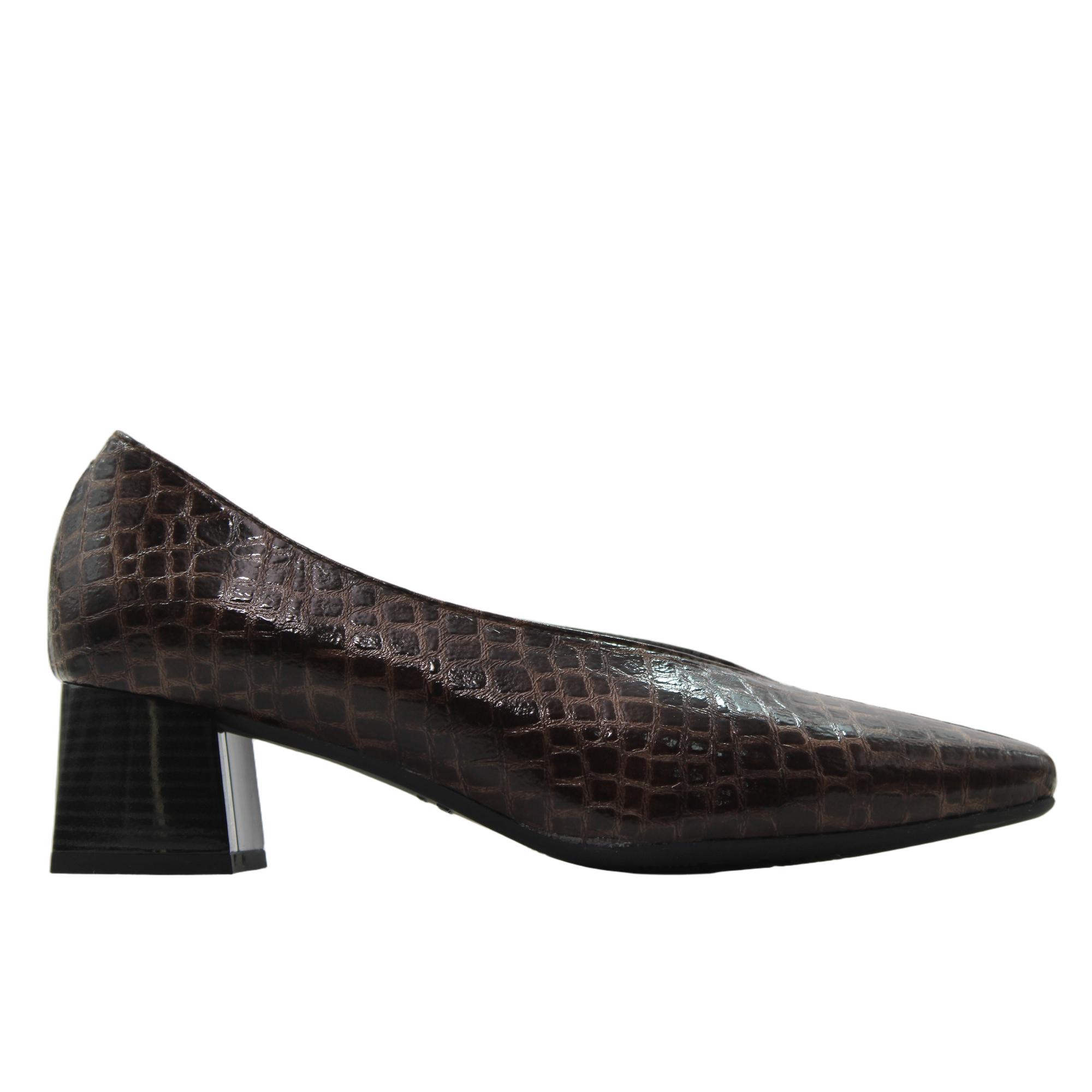 DChicas 4852 Zapatos de salón de piel, grabado cocodrilo, tacón bloque, suela goma, para señora