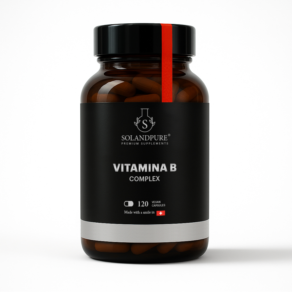Vitamina B Complex con Vitamina C y B12- 120 Cápsulas Vegetales Para 4 Meses - Complejo B Completo con B1, B2, B3, B5, B6, B7 (Biotina), B9 (Ácido Fólico) y B12 - Calidad Solandpure®