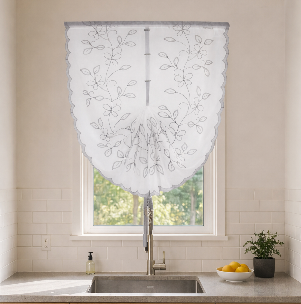 Cortina Cocina de Visillo Translúcido con Diseño Floral y Cinta Ajustable, 2 Tamaños (90*140 cm y 140*140 cm), Varios Estilos a Elegir, Cortina de cocina de visillo estampado 100% Poliéster. ✅ Envíos a España en 48/72h