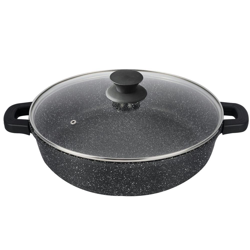 Cacerola Aluminio fundido black baja piedra- Asas con protector de silicona - Tapa de cristal - Adecuada para vitrocerámica, gas, eléctrica, inducción - Rápida y fácil de limpiar, adecuada para lavavajillas - Apta para cocinar en el horno, hasta 250ºC.