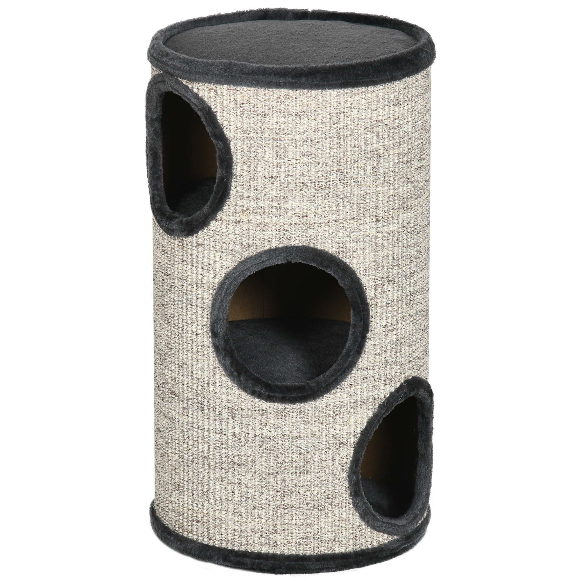 PawHut Barril rascador, altura 70 cm, barril de juego para gatos, 3 niveles, rascador para gatos con 3 cuevas, árbol para gatos, torre rascadora de sisal, mueble para gatos, felpa, gris claro