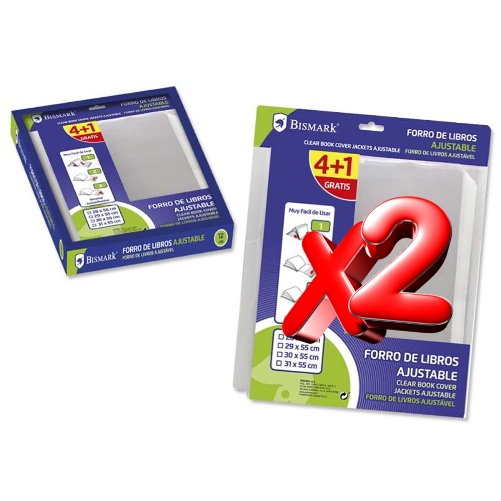 2 Unidades Bismark Pack de 5 Forros para Libros 280mm de Polipropileno - Solapa Ajustable - Facil Forrado en 3 Pasos - Sin Necesidad de Cortar ni Usar Cinta Adhesiva - Transparente