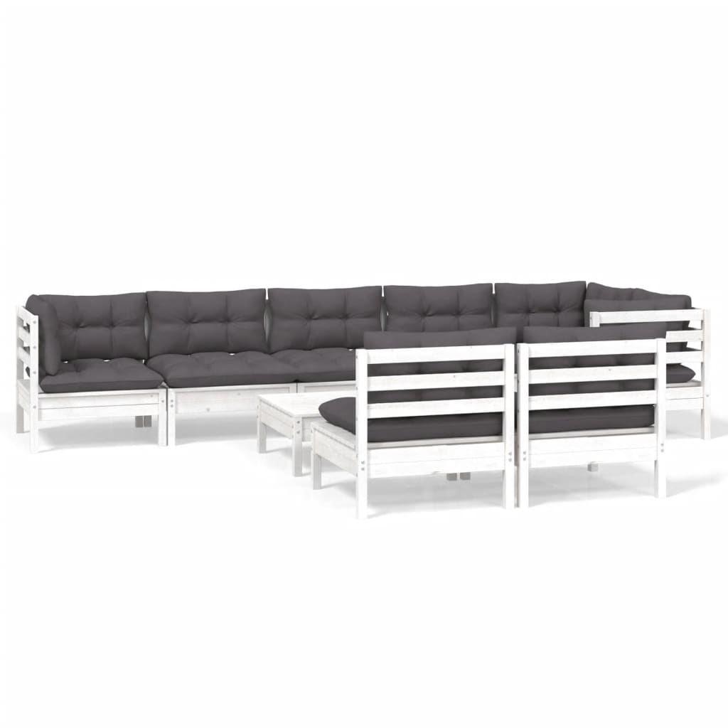 vidaXL Muebles de jardín 9 pzas y cojines blanco madera maciza de pino