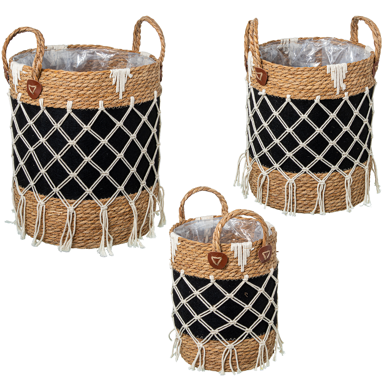 Set 3 cestos mimbre natural tela negra con flecos 33x43 y 30x37 y 24x31cm
