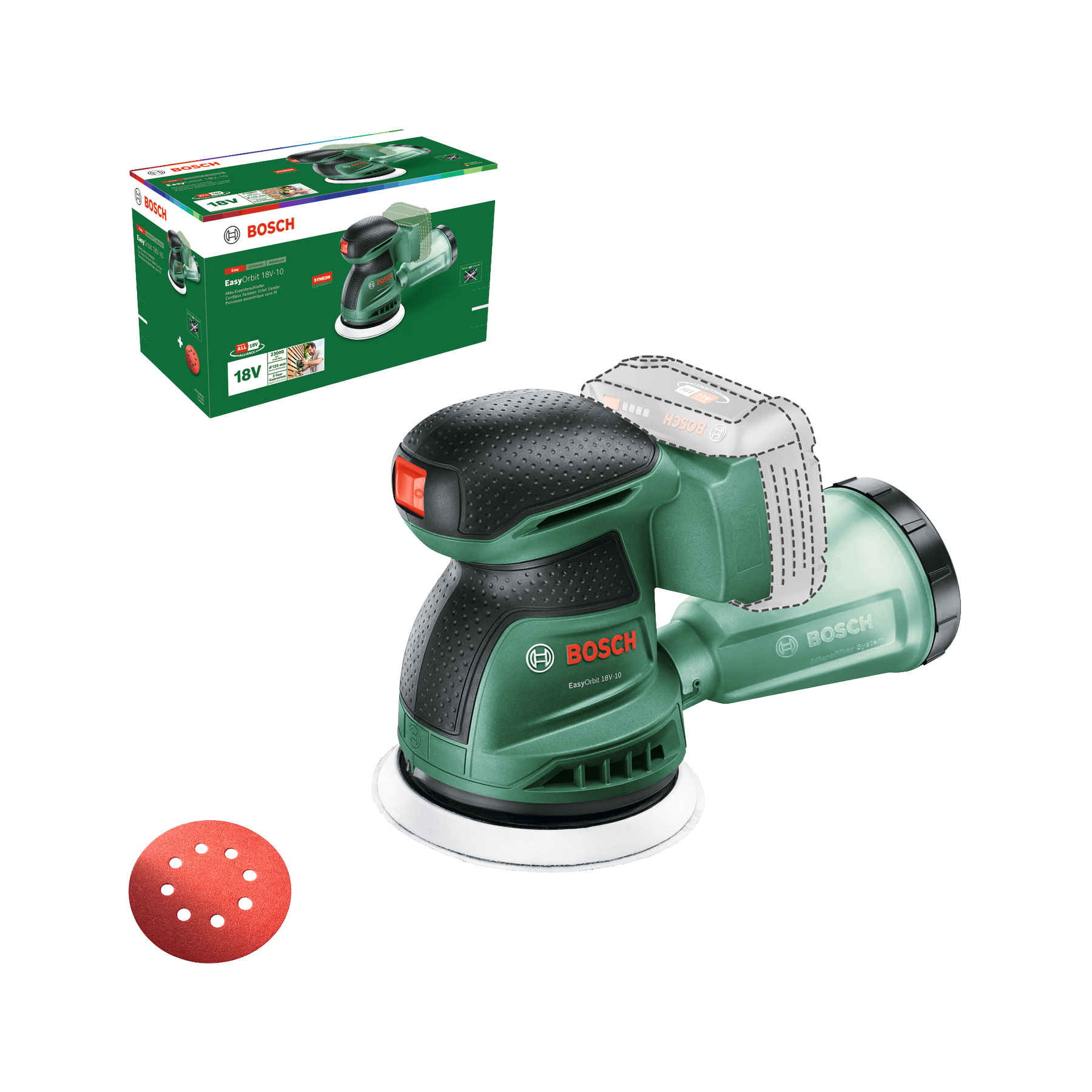 Bosch - Lijadora EasyOrbit 18V-10 a bateríacon para superficies planas o curvadas medianas, depósito de polvo integrado, sin batería ni cargador