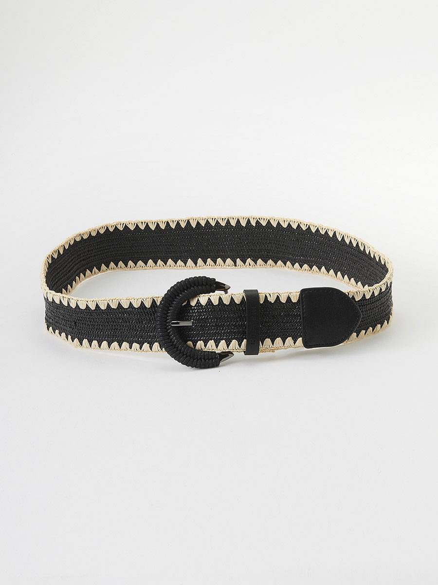 Koroshi - Cinturón elástico efecto rafia negro para mujer, 5 cm de ancho, con hebilla redonda forrada y detalles efecto piel, ideal para vestidos y blusas veraniegas
