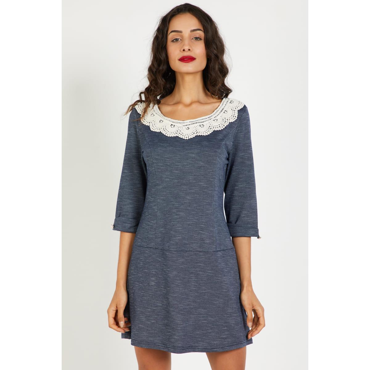 Vestido mujer corto jaspeado, dress estilo casual, cuello redondo con aplique crochet, manga 3/4 botón decorativo, modelo AN-040031, color gris, talla 38, cómodo y elegante, outfit versátil ✅Entrega 24/48h