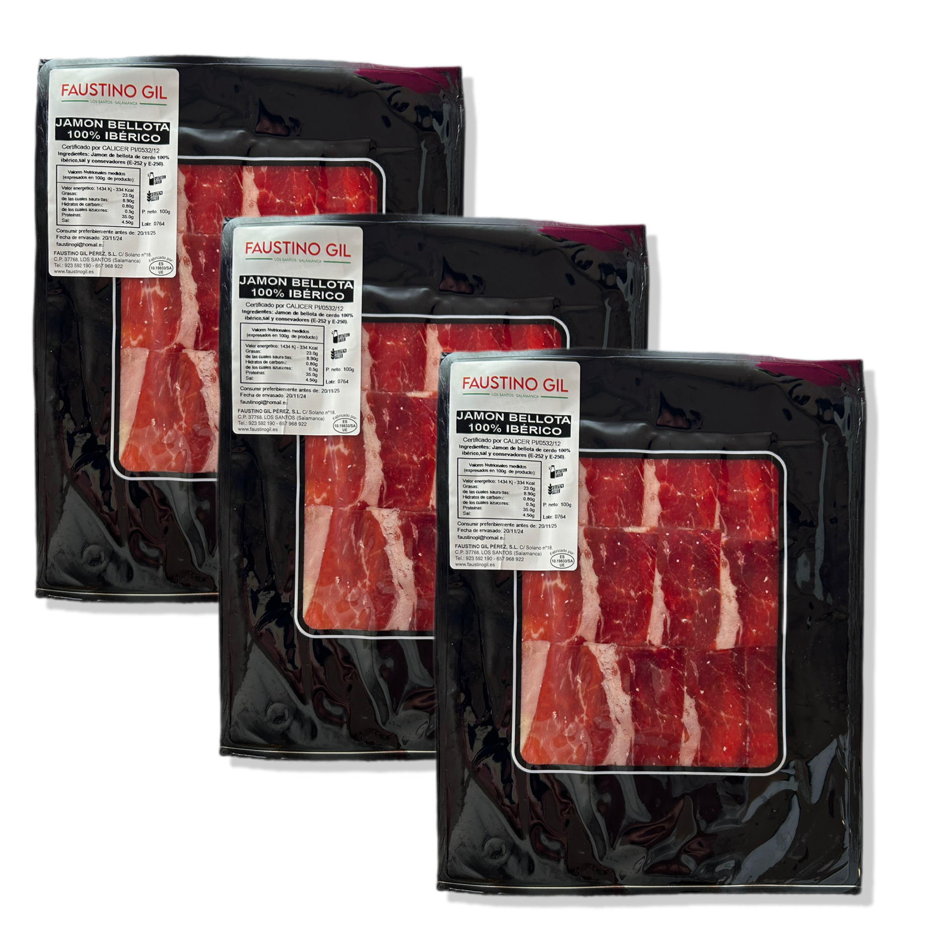 JAMON IBERICO BELLOTA 100% RAZA IBERICA - 3 Sobres de 100g -FAUSTINO GIL PEREZ IBERICO BELLOTA - JAMON BELLOTA LONCHEADO - Elaboración tradicional - Ibéricos Faustino Gil -