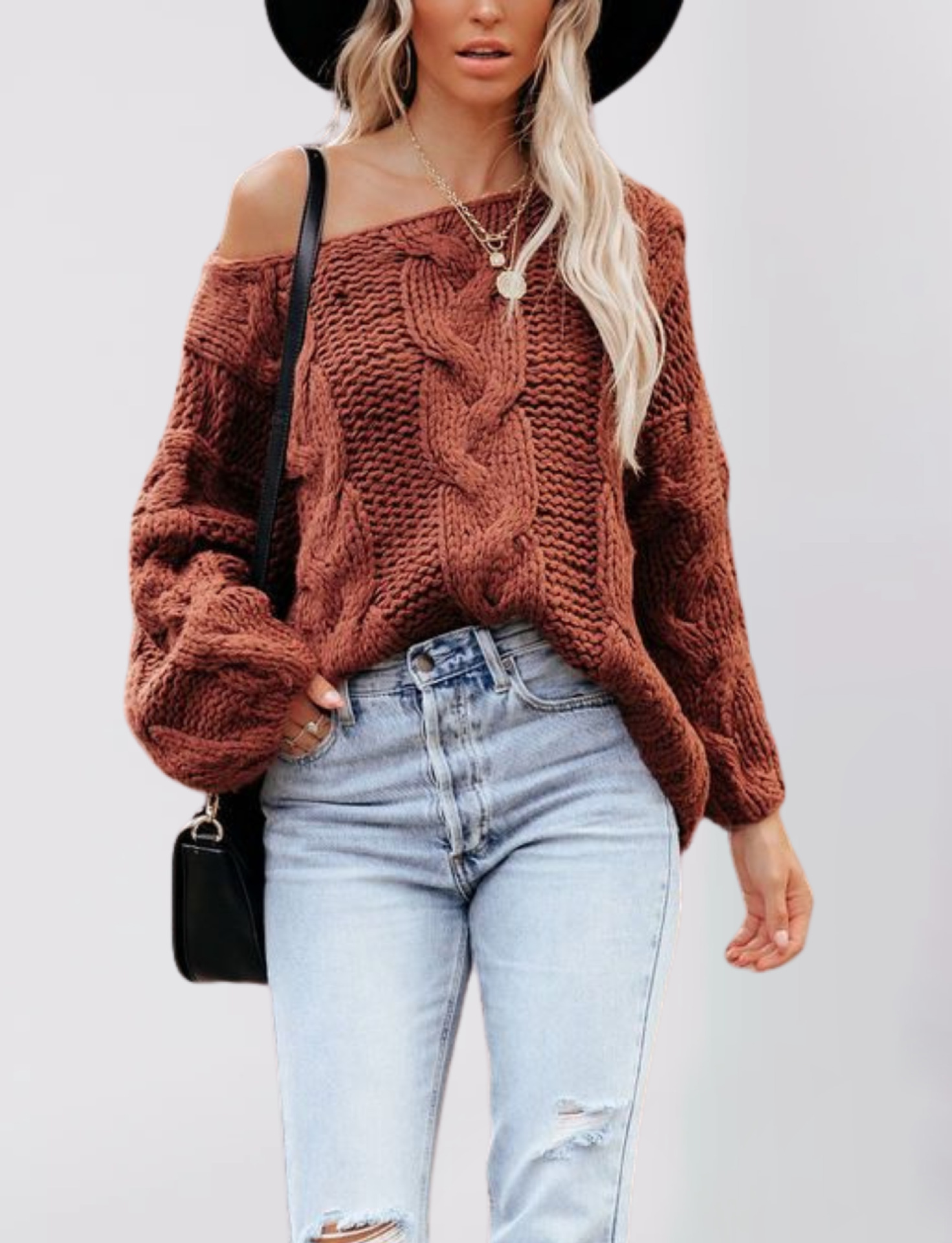 TK Suéter de punto trenzado con hombros descubiertos para mujer, estilo urbano, otoño/invierno, talla grande