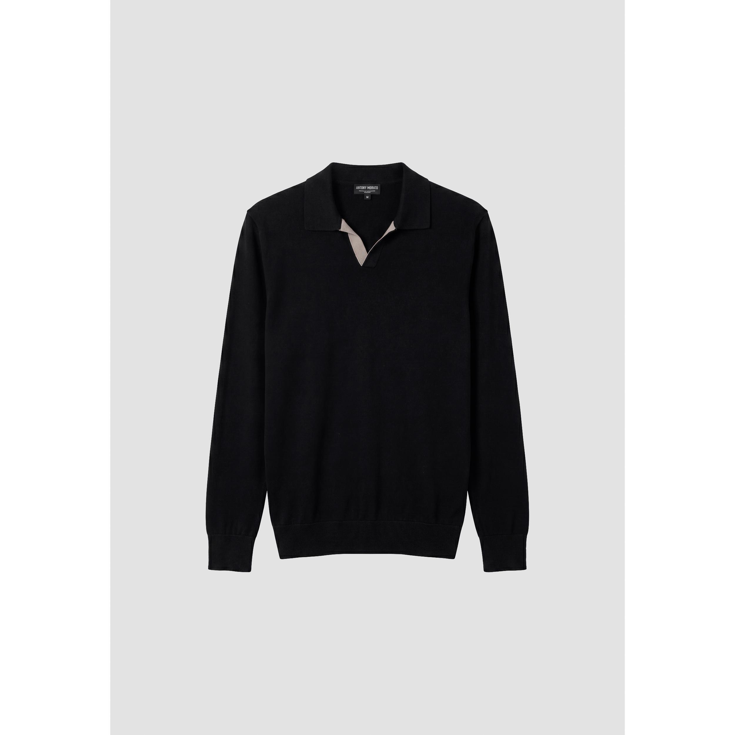 Antony Morato Polo de punto negro regular fit de manga larga sin botones en algodón peinado 383607