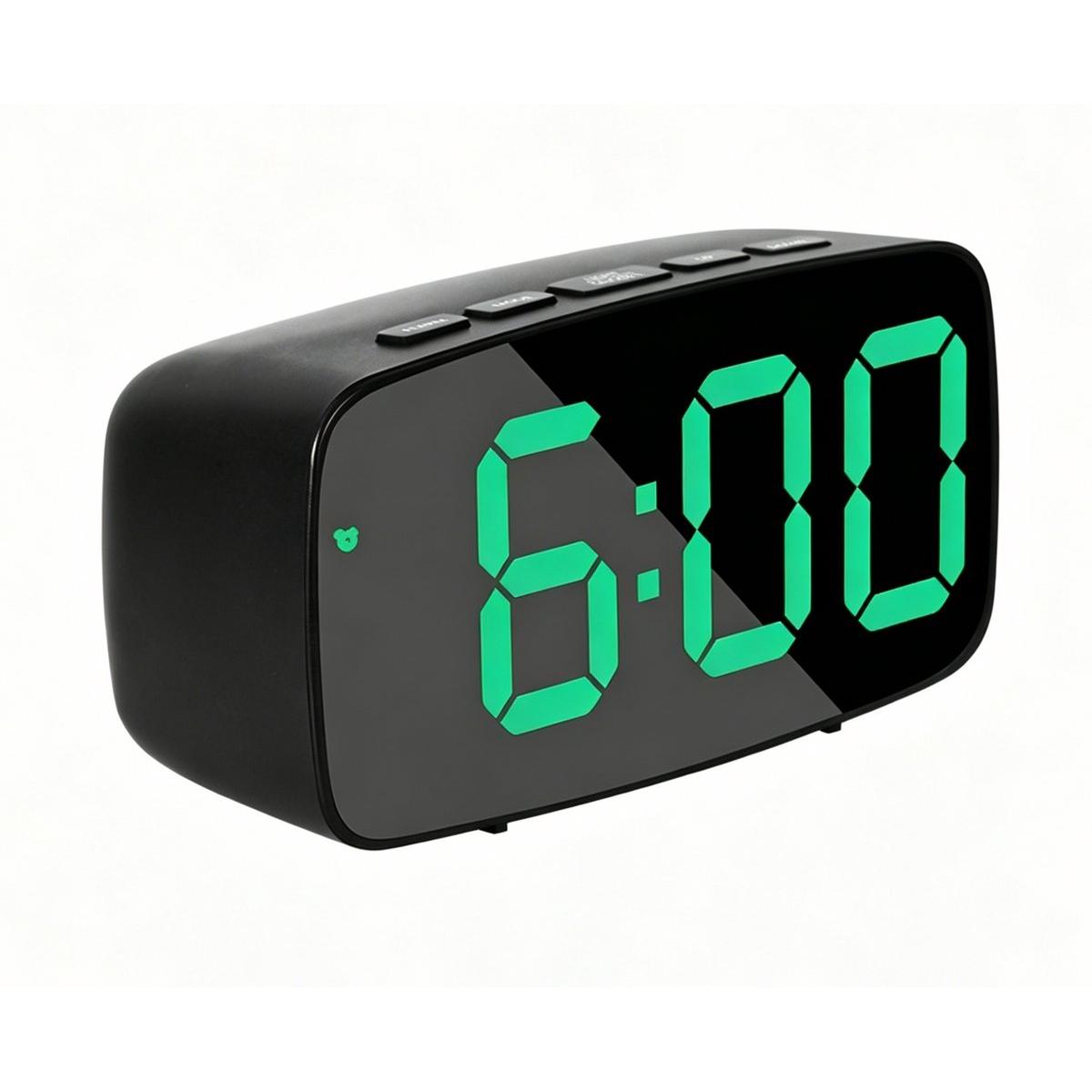 Reloj despertador con espejo LED - Reloj despertador multifuncional con espejo de maquillaje - Reloj despertador digital con iluminación LED blanca - Elegante reloj despertador redondo - Compatible con pilas y USB - Reloj de mesa moderno - Negro