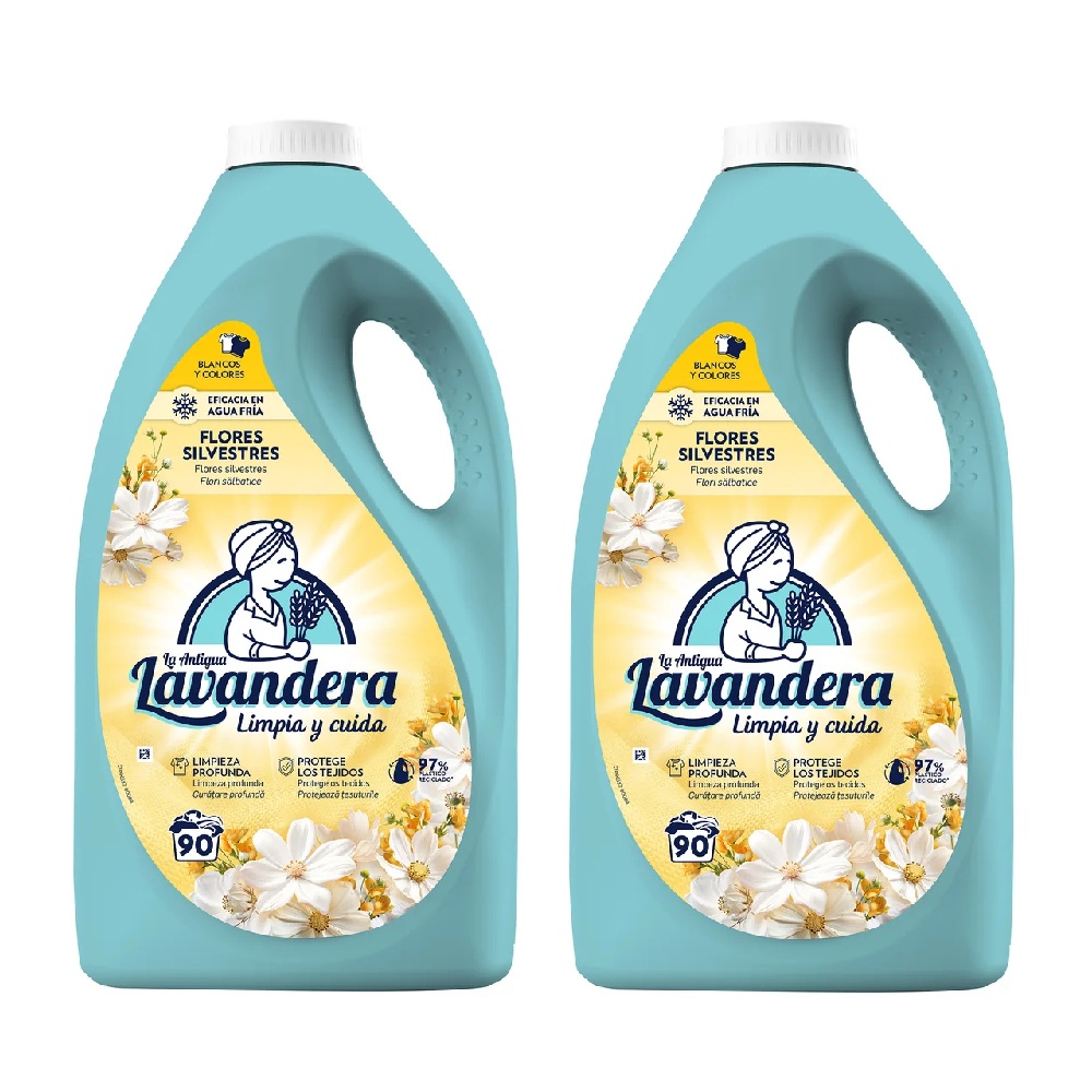 La Antigua Lavandera Detergente Liquido Flores Silvestres 90 Lavados | Pack Ahorro 2 unidades - Detergente universal para todo tipo de ropa, Limpieza impecable, Agradable fragancia floral que perdura, Marca española