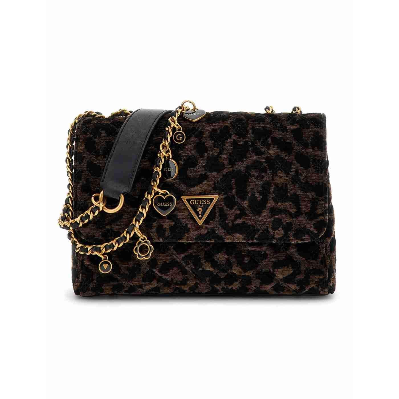 Bolso Guess Giully negro animal print terciopelo para mujer