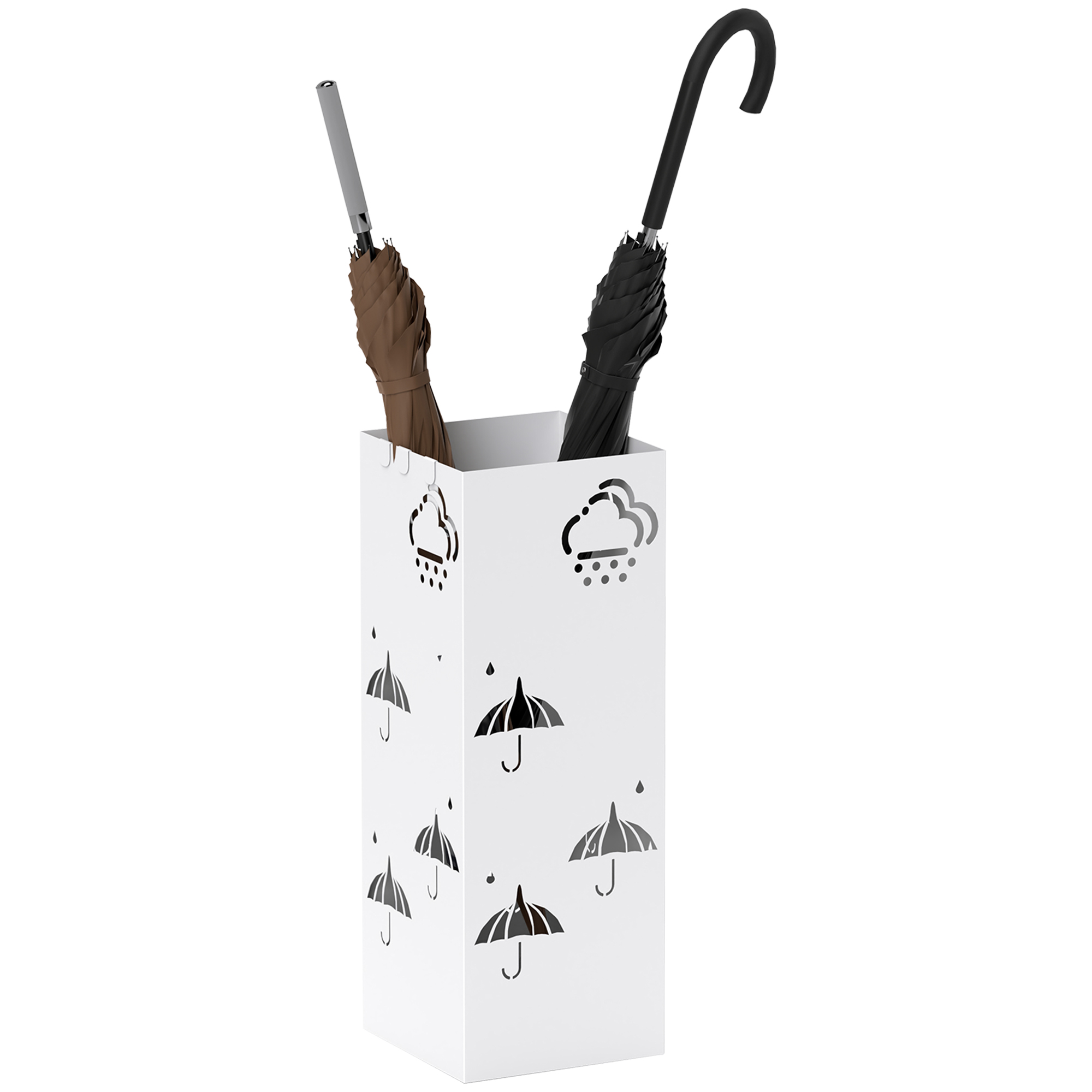 HOMCOM Paragüero de Acero Soporte de Paraguas con 4 Ganchos y Bandeja de Goteo Extraíble Paragüero Blanco para Entrada Oficina 15,5x15,5x41 cm
