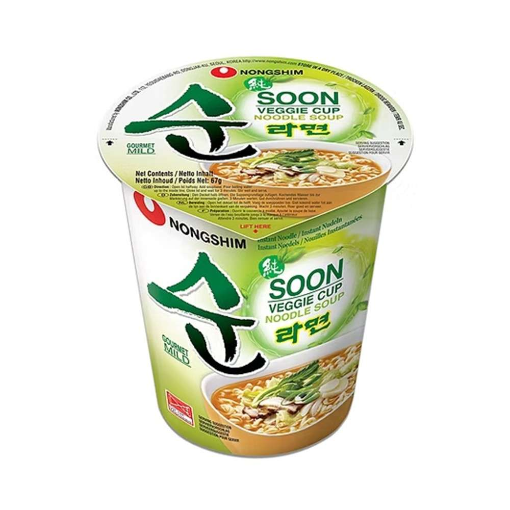 Nongshim - Fideos instantáneos Soon Veggie Noodle Cup en vaso 67 g, sabor vegetal coreano con verduras deshidratadas (col china, zanahoria, pak choi), preparación rápida en 3 minutos, ideal para oficina, universidad o viajes